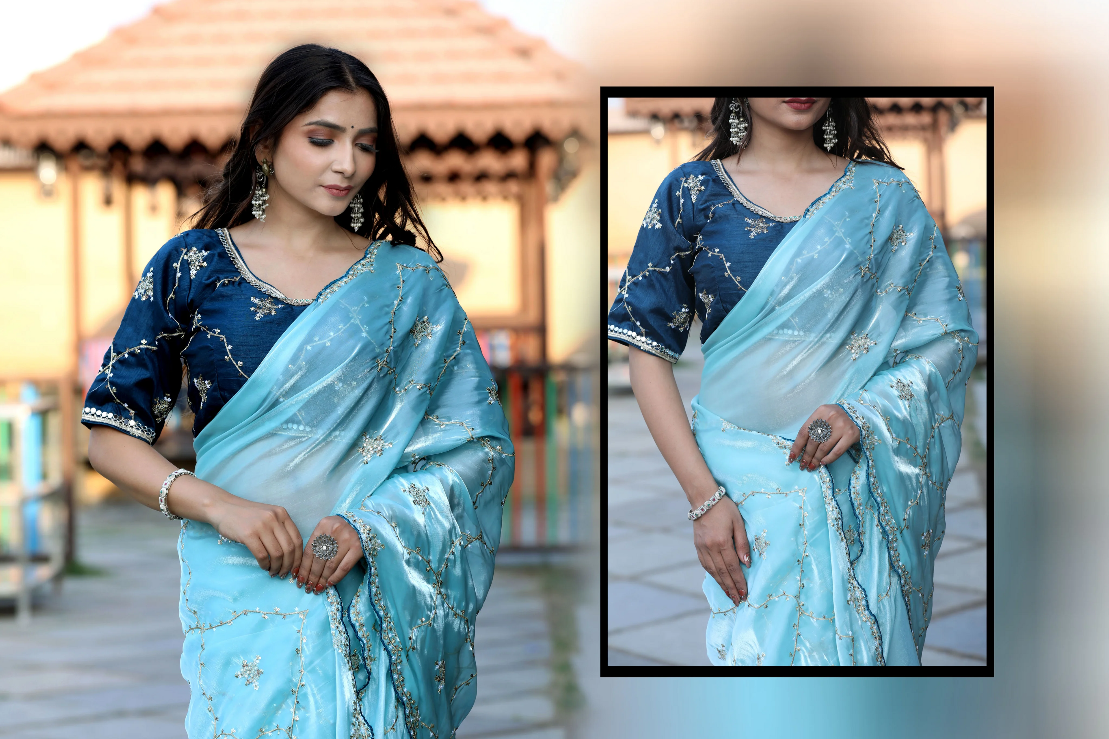 SHYAMIKA Silk Sequence Work Sky Blue Saree with Blouse