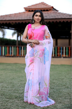 SHYAMIKA Linen Digital Flower Print white pink Saree with Blouse