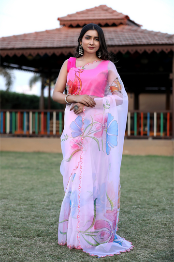 SHYAMIKA Linen Digital Flower Print white pink Saree with Blouse