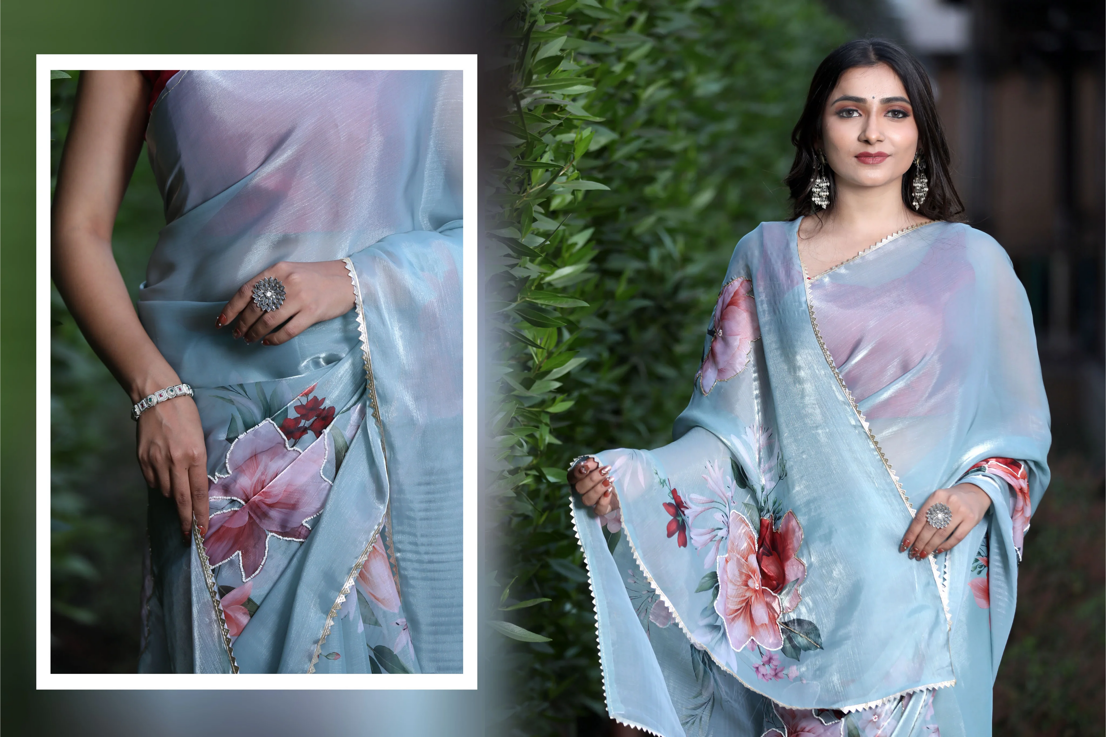 SHYAMIKA Silk Floral Lace Work Saree with Contrast Blouse