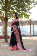 SHYAMIKA Khadi Cotton Digital Print Black Saree with Blouse