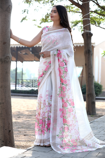 SHYAMIKA Khadi Cotton Digital Print White Saree with Blouse