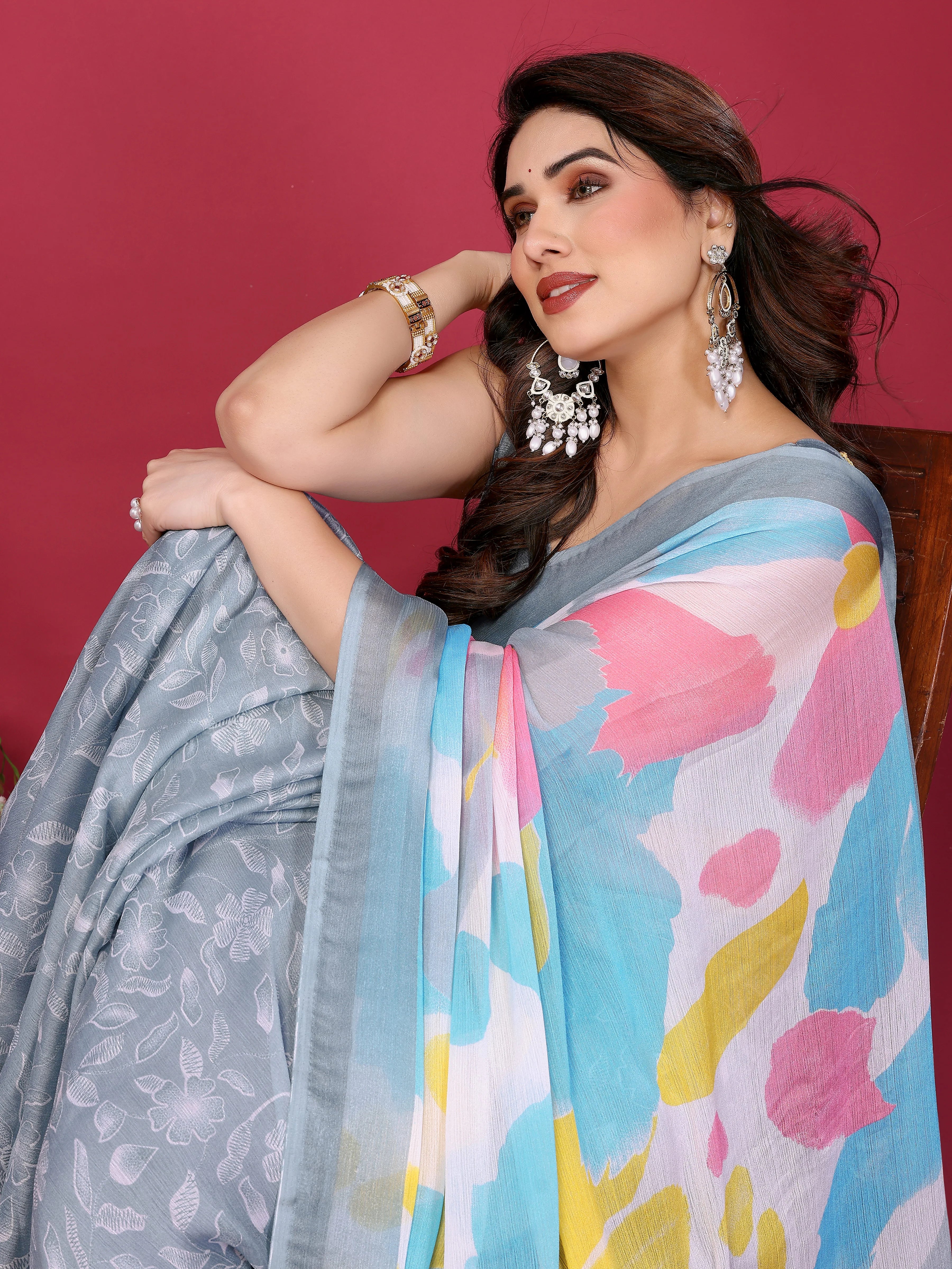 SHYAMIKA Floral Moss Chiffon Printed Saree with Blouse