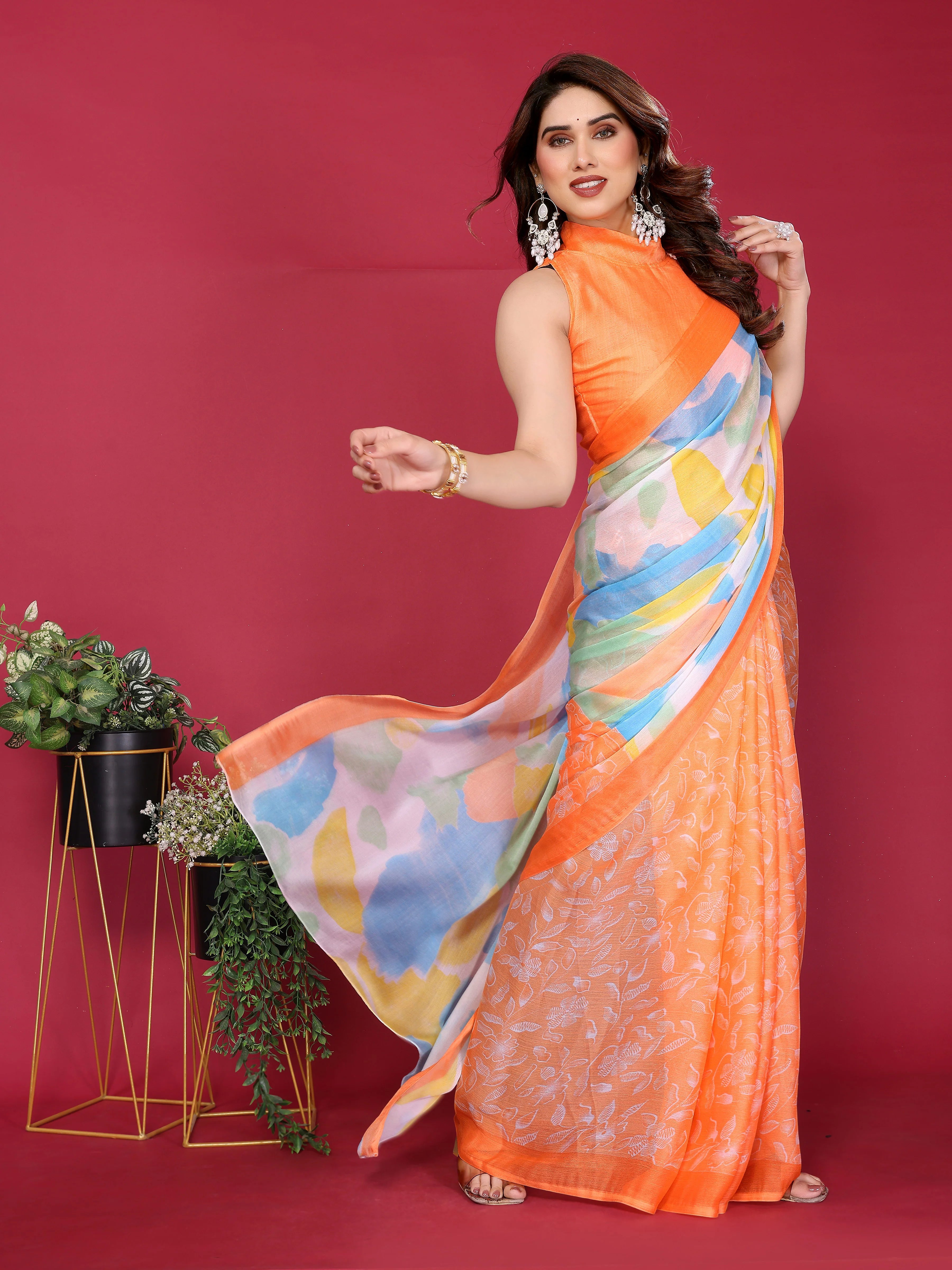 SHYAMIKA Floral Moss Chiffon Printed Saree with Blouse