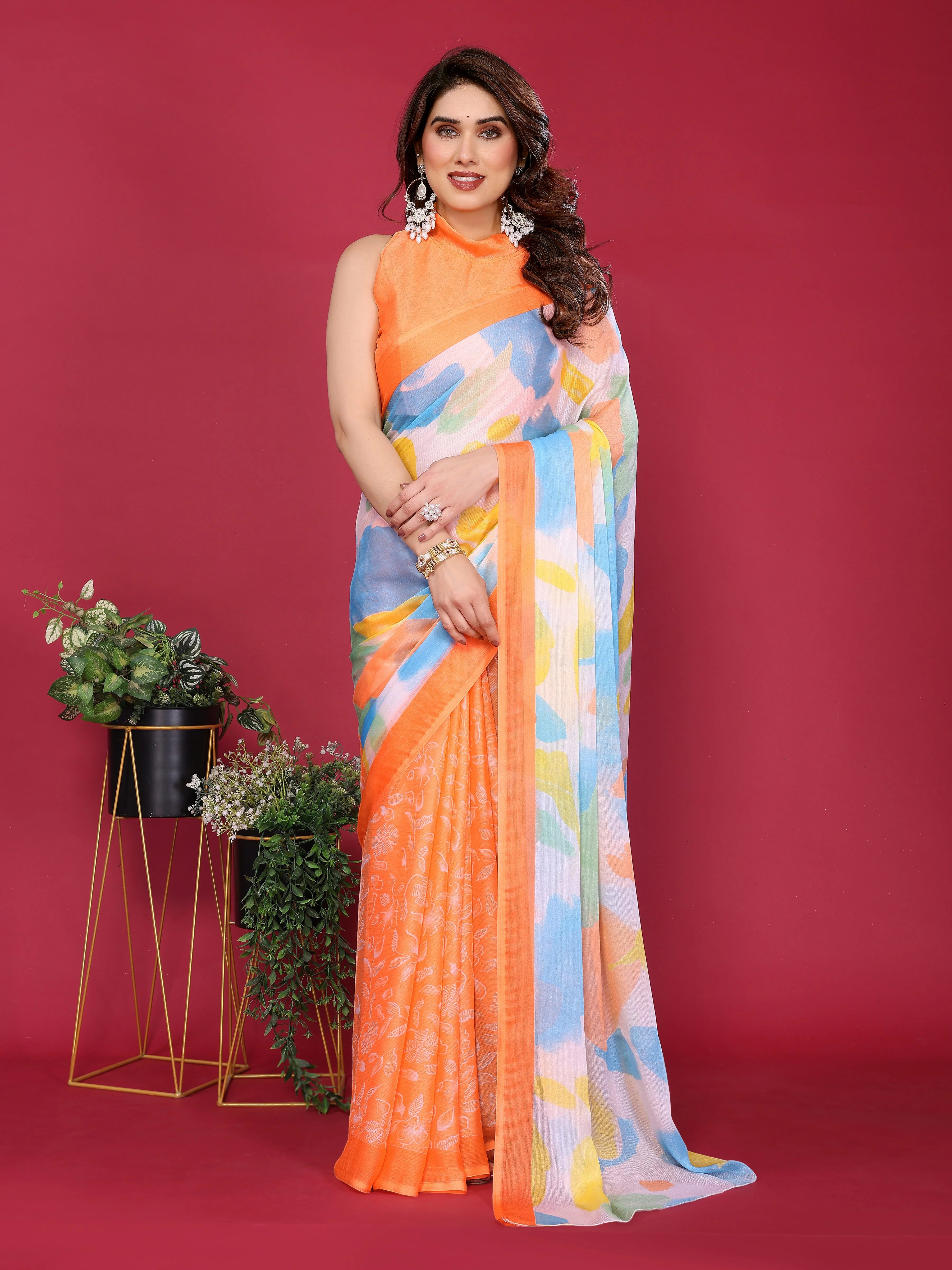 SHYAMIKA Floral Moss Chiffon Printed Saree with Blouse