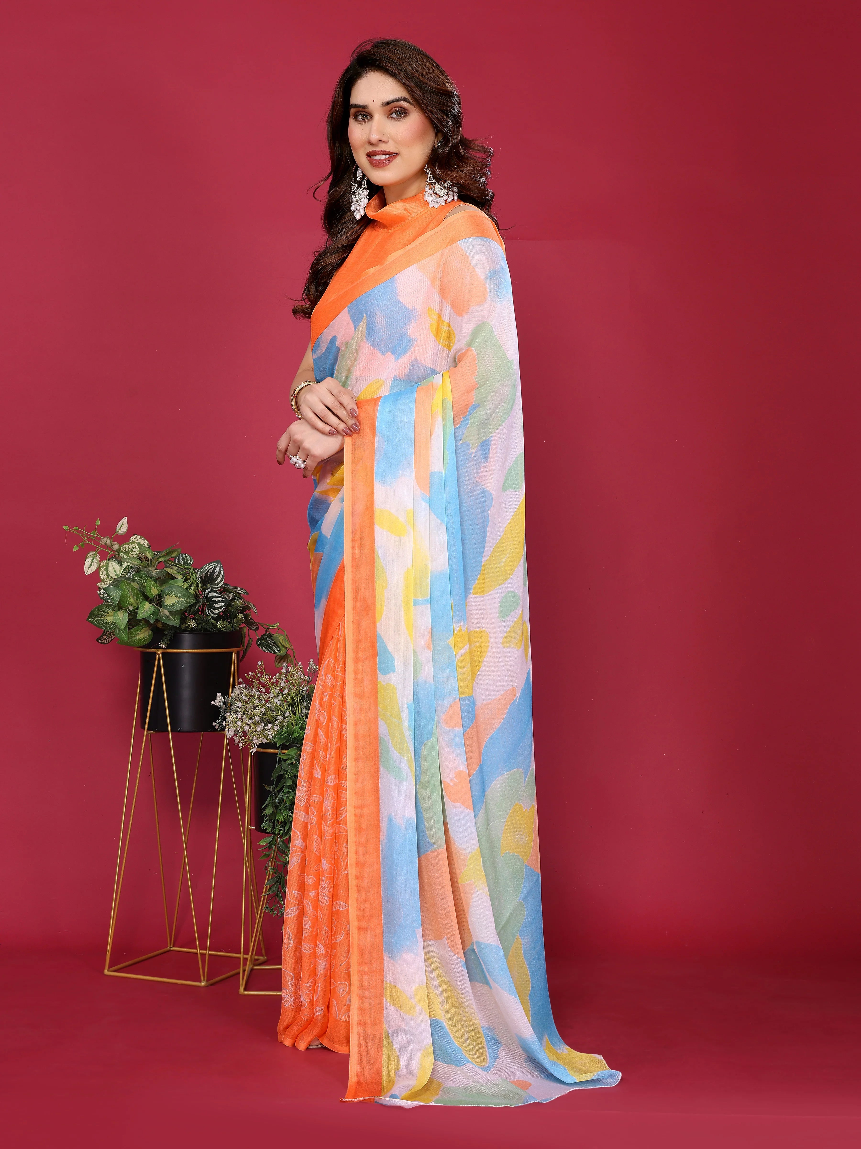 SHYAMIKA Floral Moss Chiffon Printed Saree with Blouse