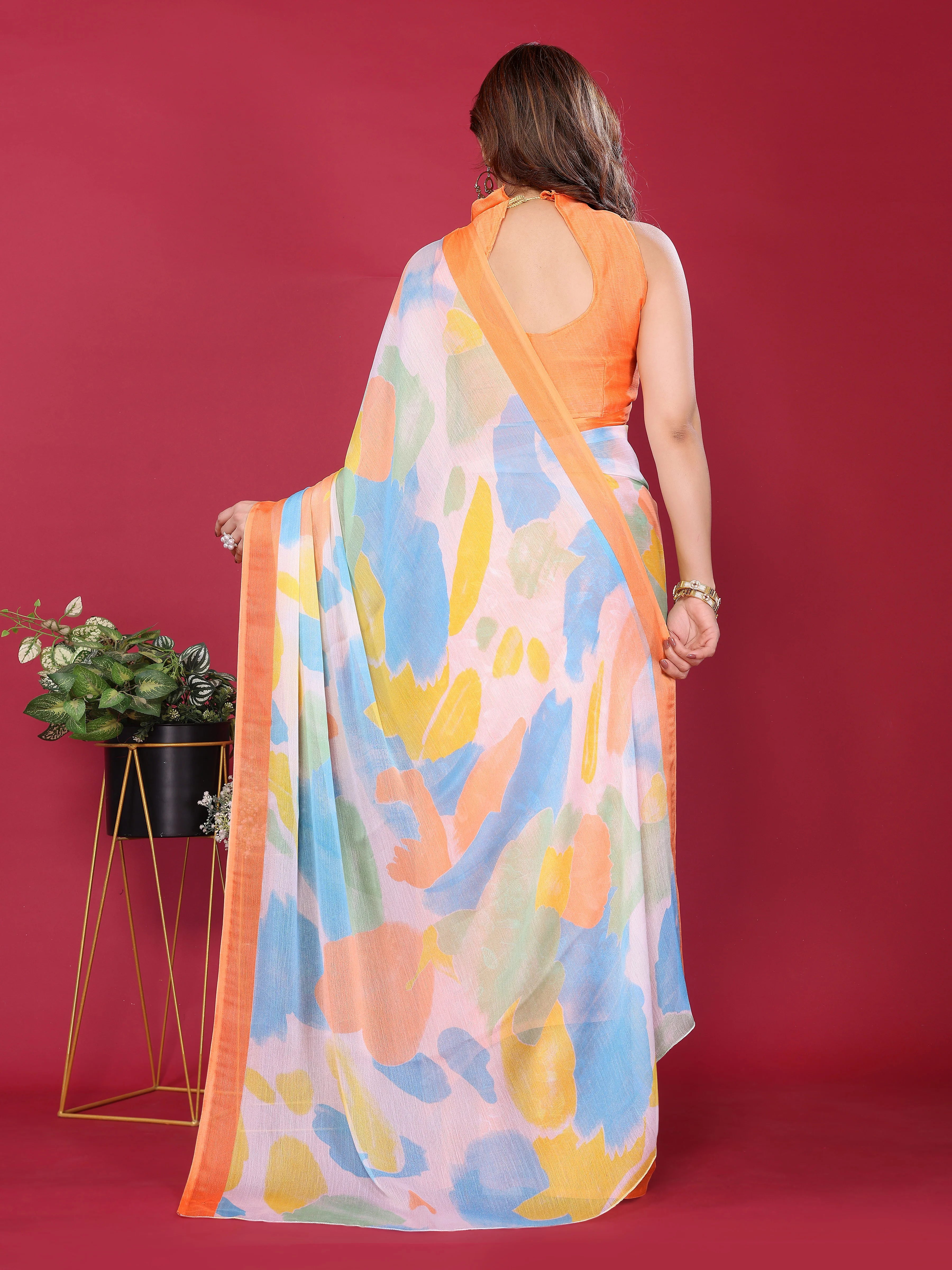 SHYAMIKA Floral Moss Chiffon Printed Saree with Blouse