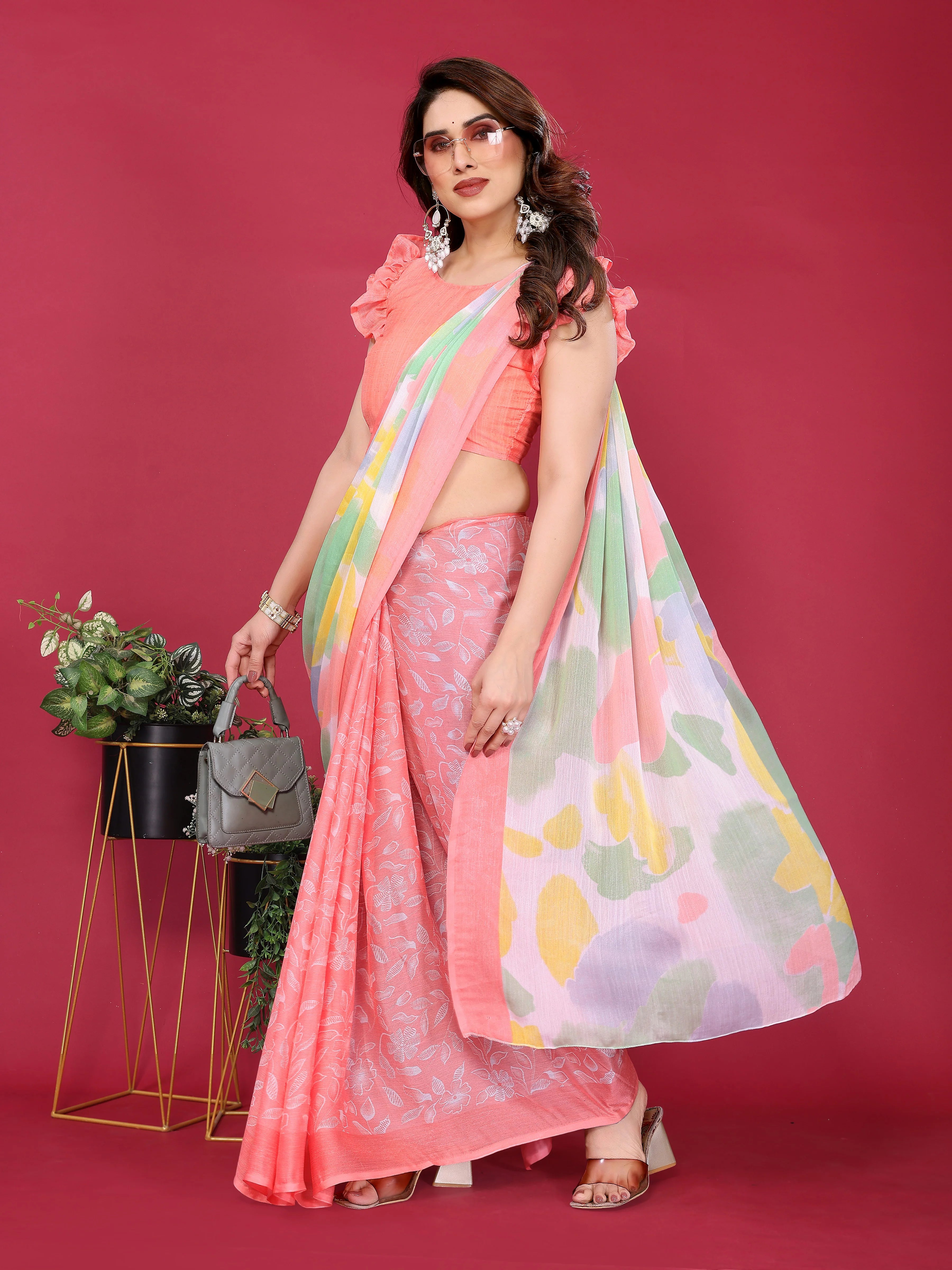 SHYAMIKA Floral Moss Chiffon Printed Saree with Blouse