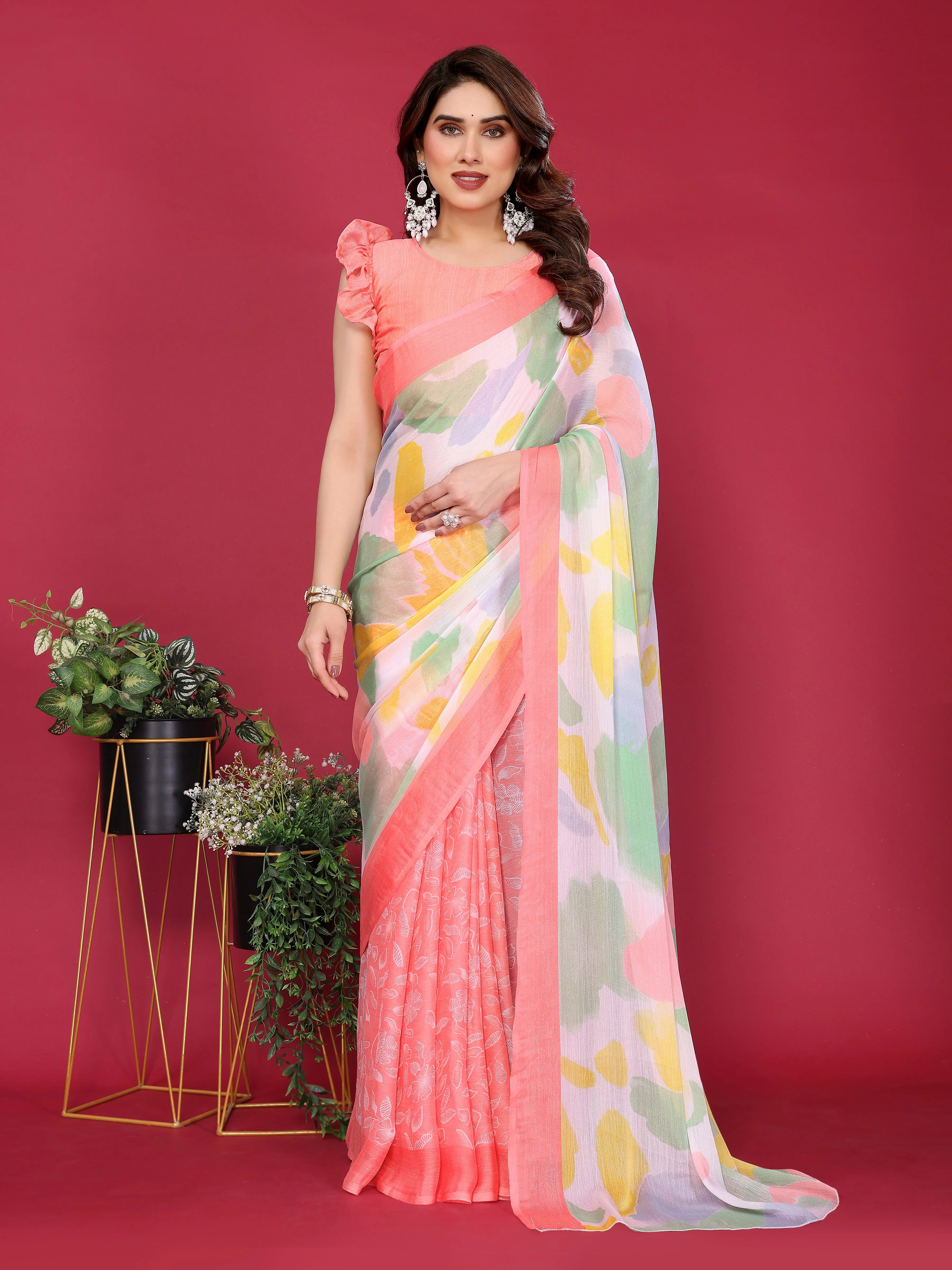 SHYAMIKA Floral Moss Chiffon Printed Saree with Blouse