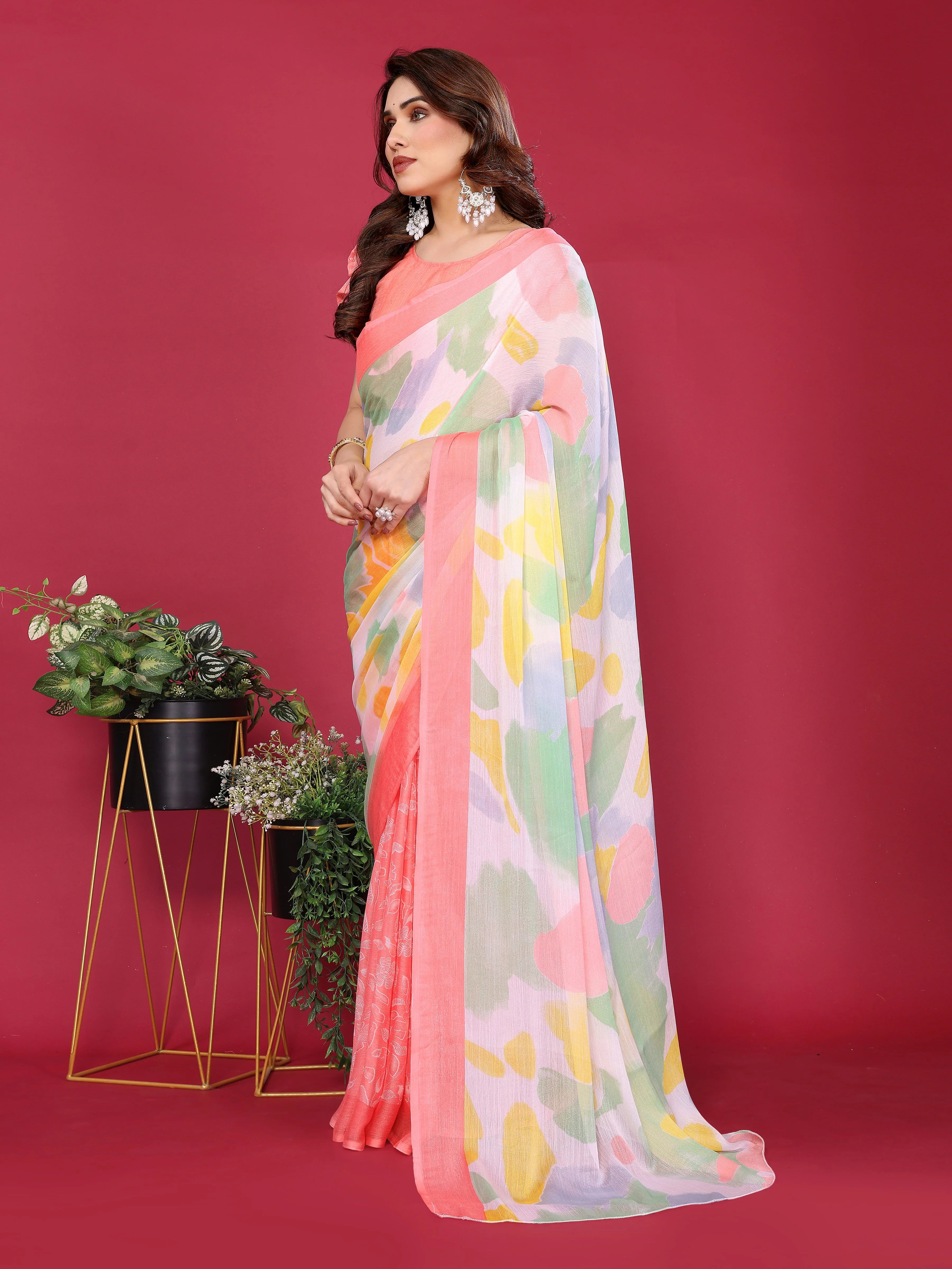 SHYAMIKA Floral Moss Chiffon Printed Saree with Blouse