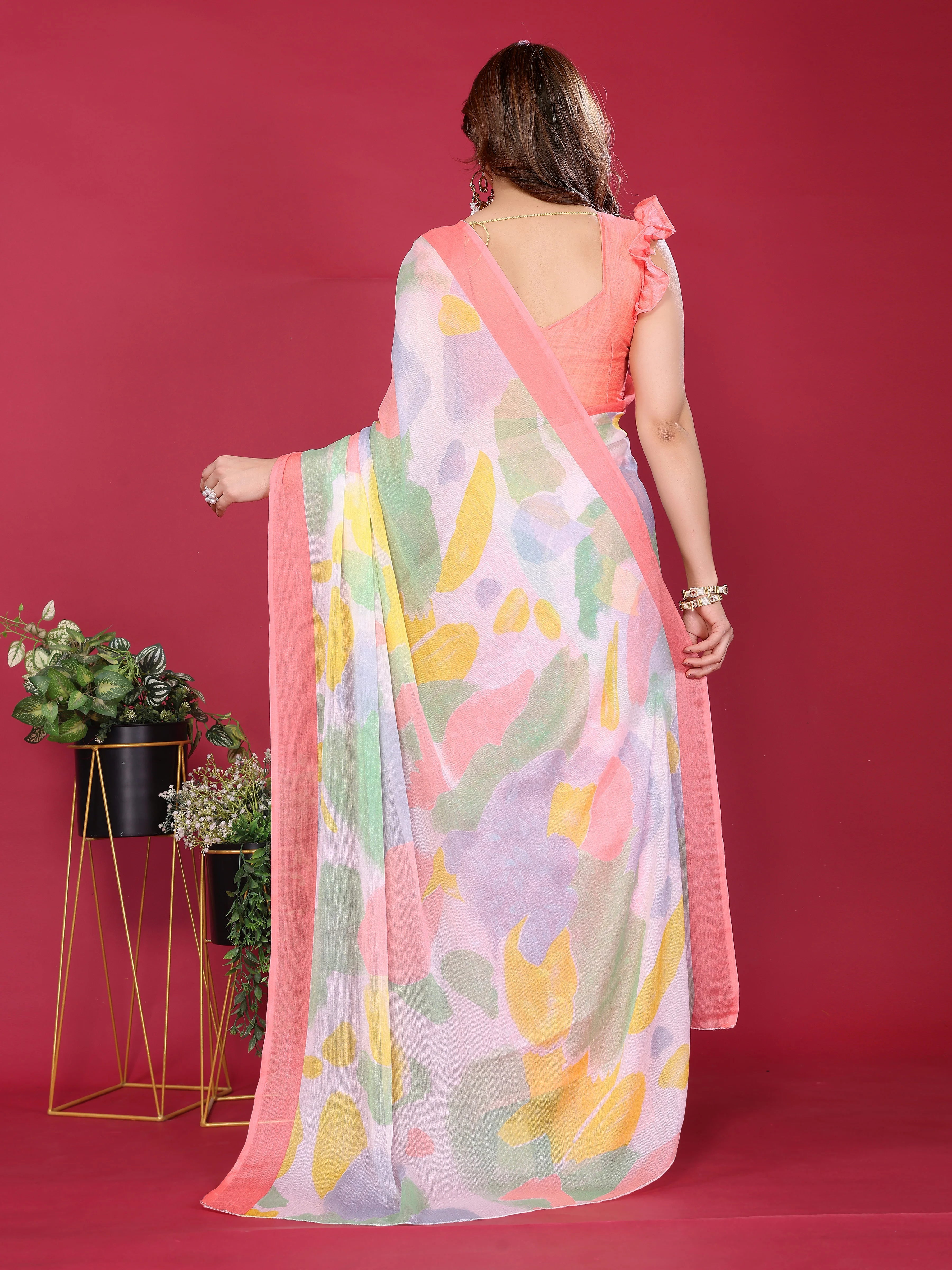 SHYAMIKA Floral Moss Chiffon Printed Saree with Blouse