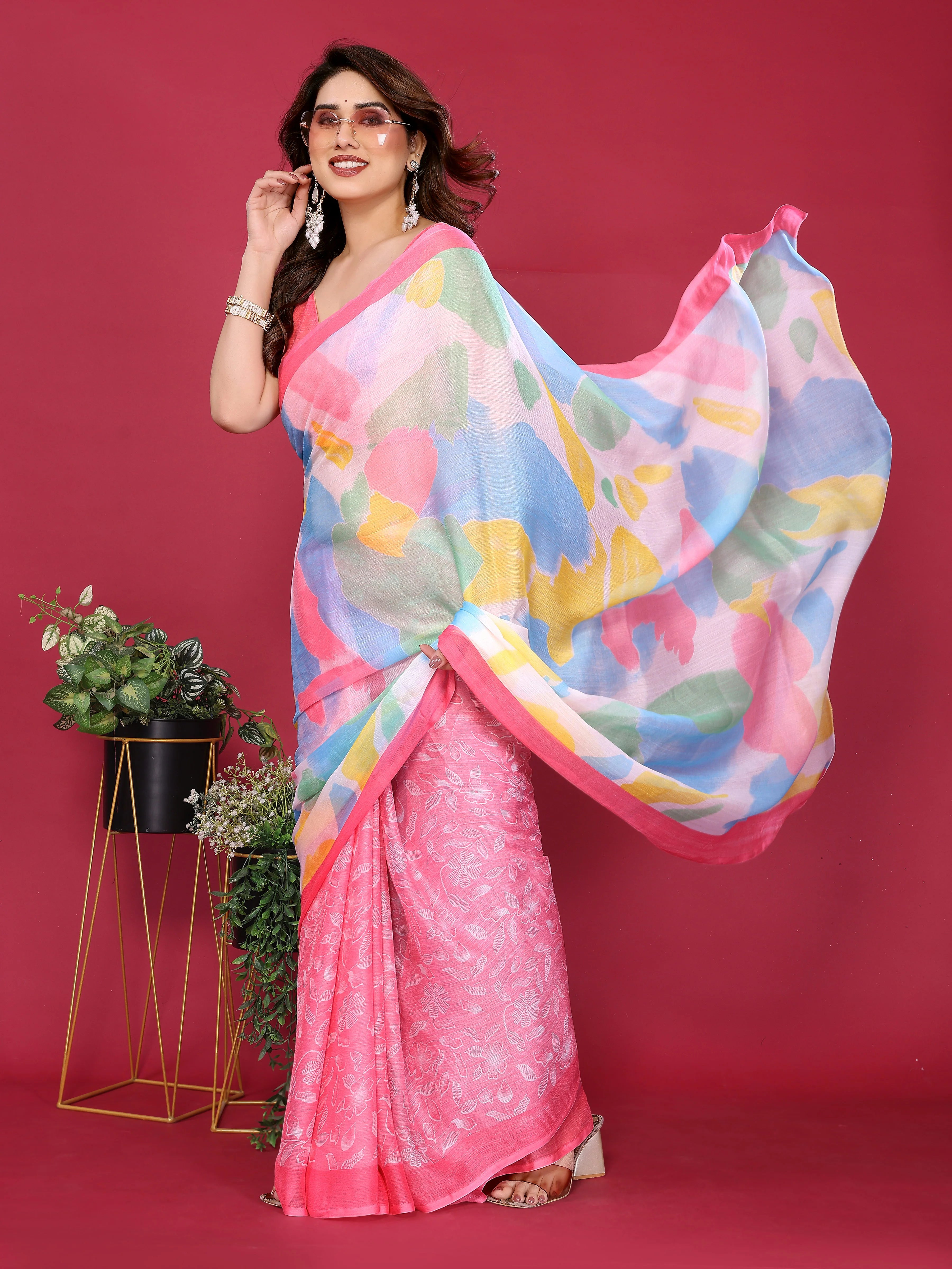 SHYAMIKA Floral Moss Chiffon Printed Saree with Blouse