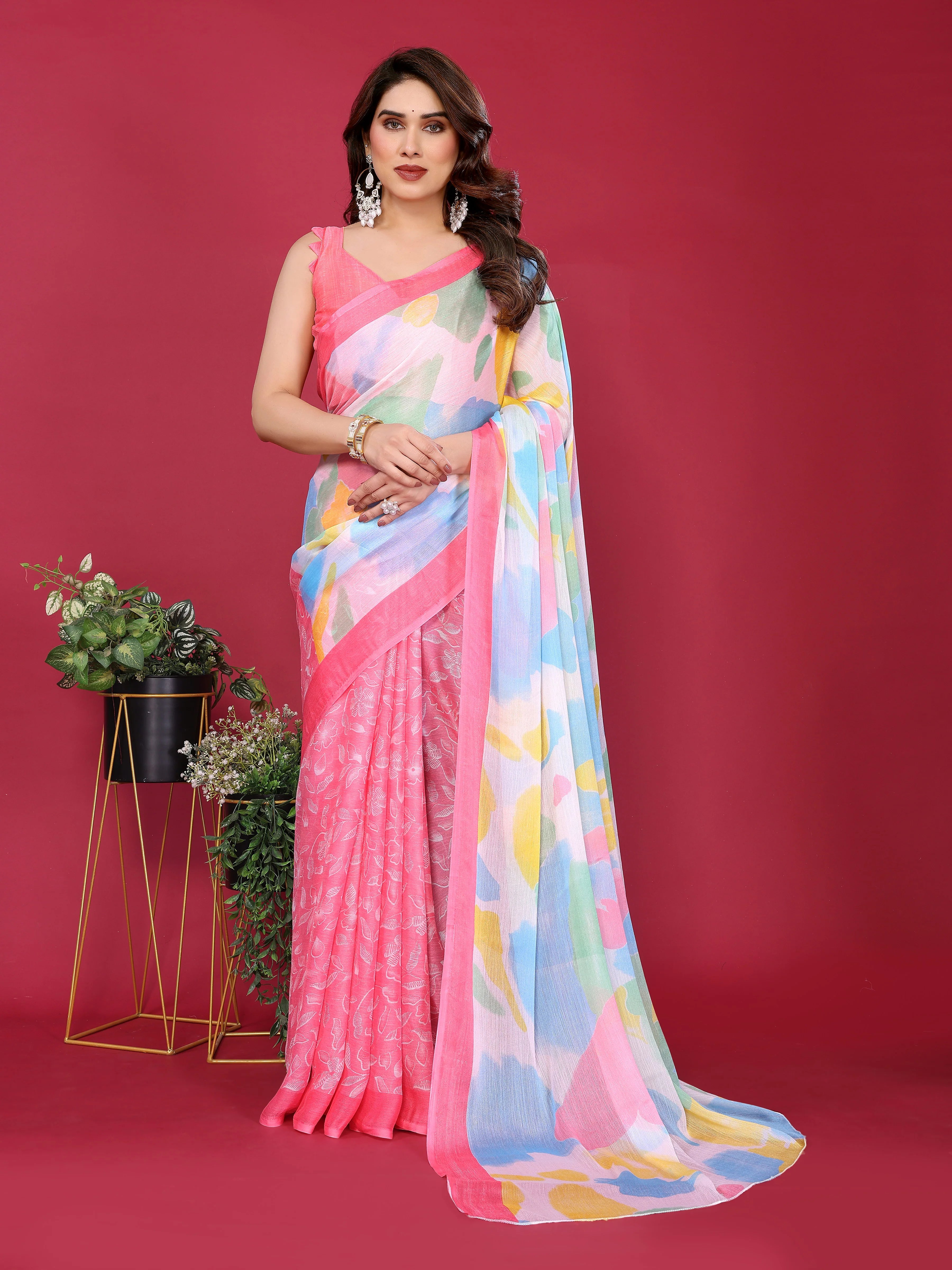 SHYAMIKA Floral Moss Chiffon Printed Saree with Blouse