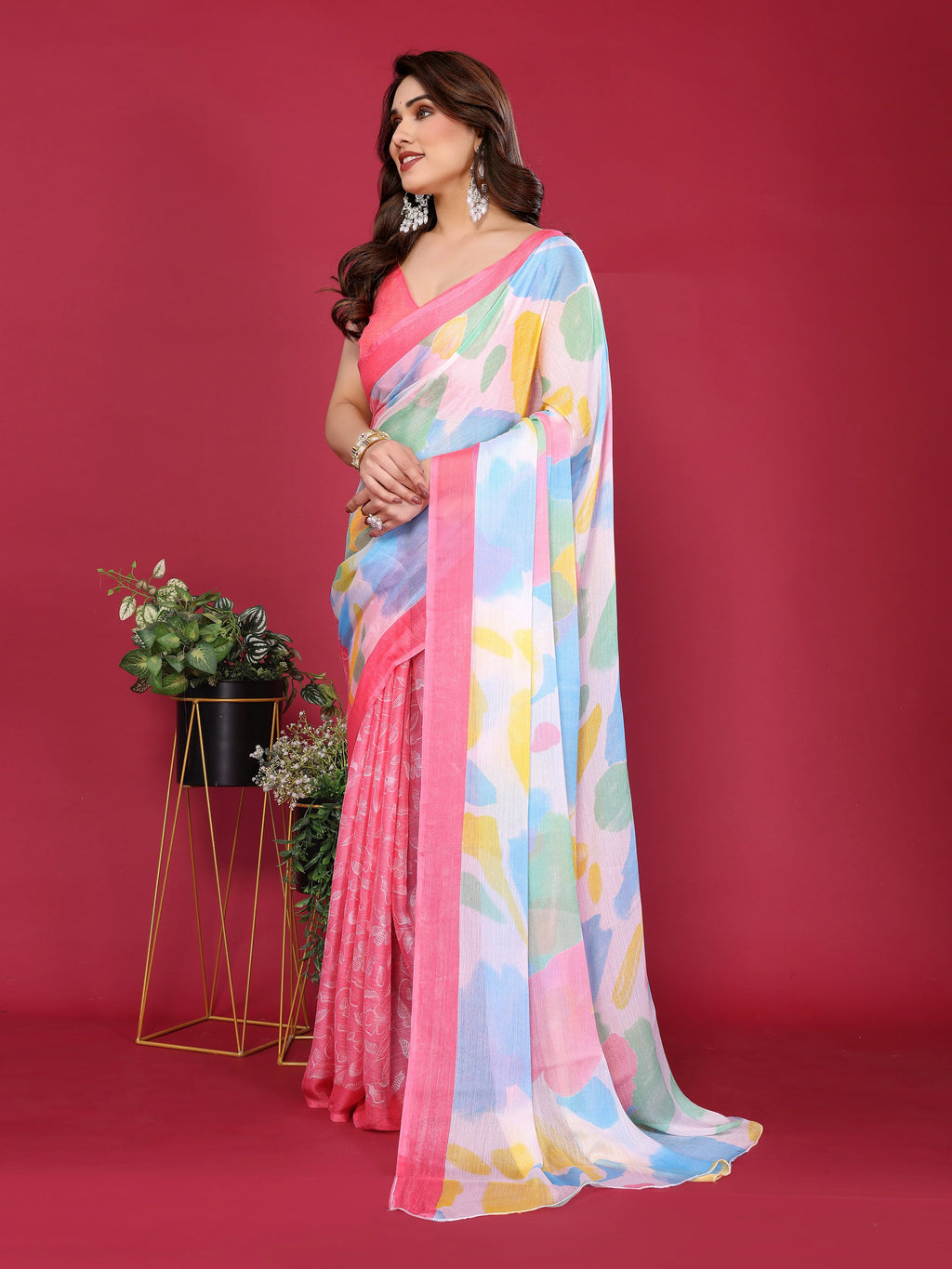 SHYAMIKA Floral Moss Chiffon Printed Saree with Blouse