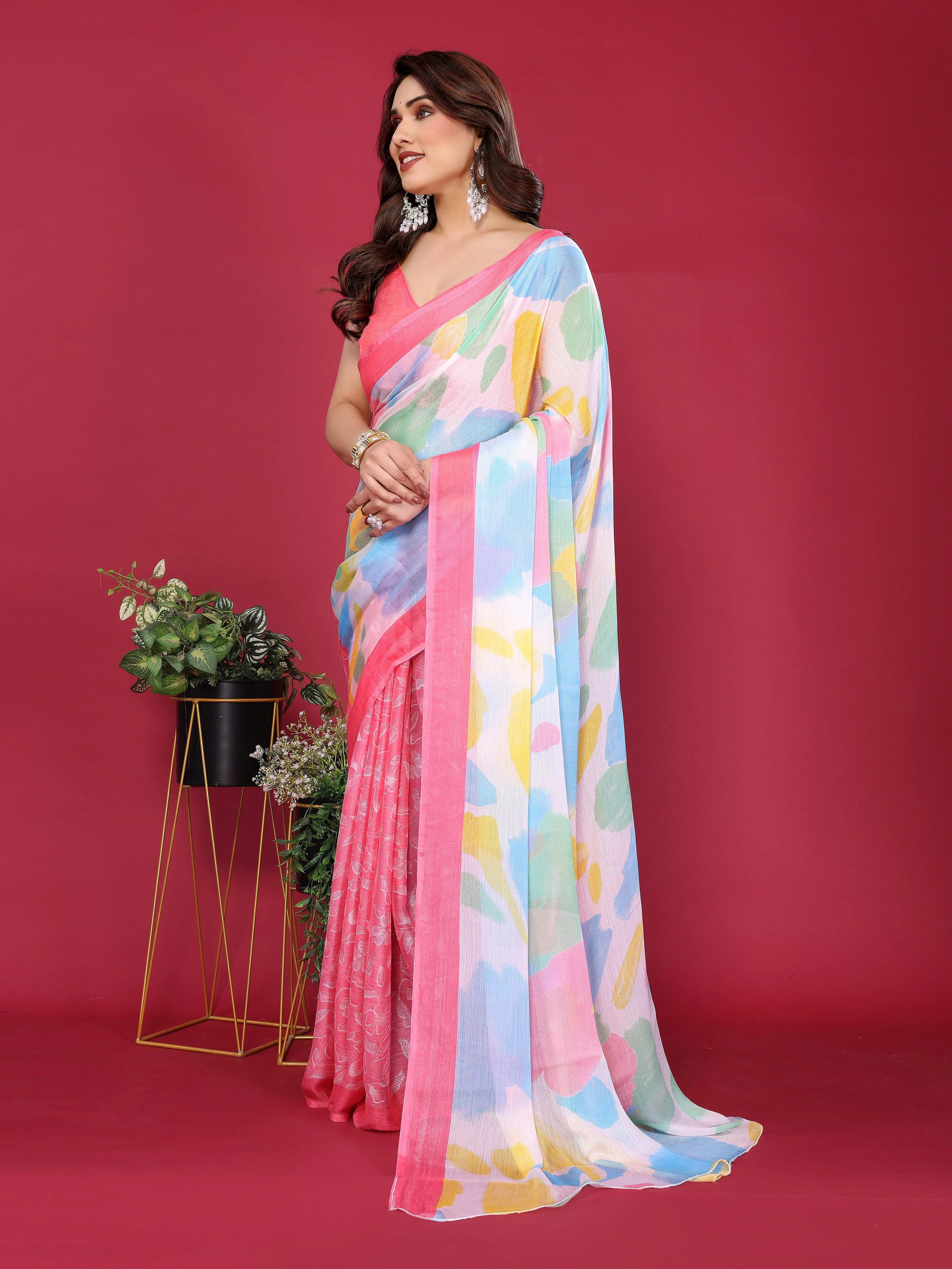 SHYAMIKA Floral Moss Chiffon Printed Saree with Blouse