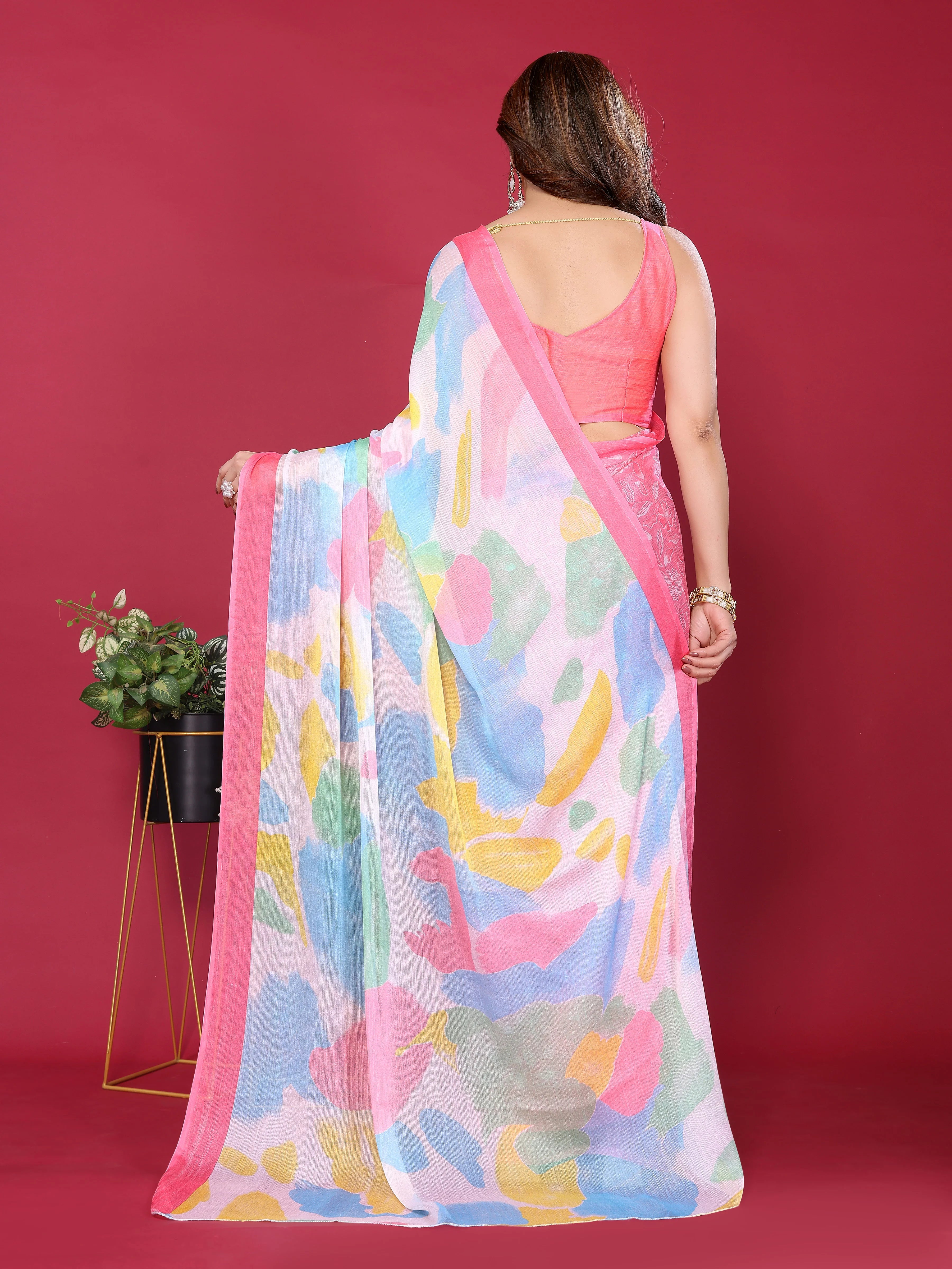 SHYAMIKA Floral Moss Chiffon Printed Saree with Blouse