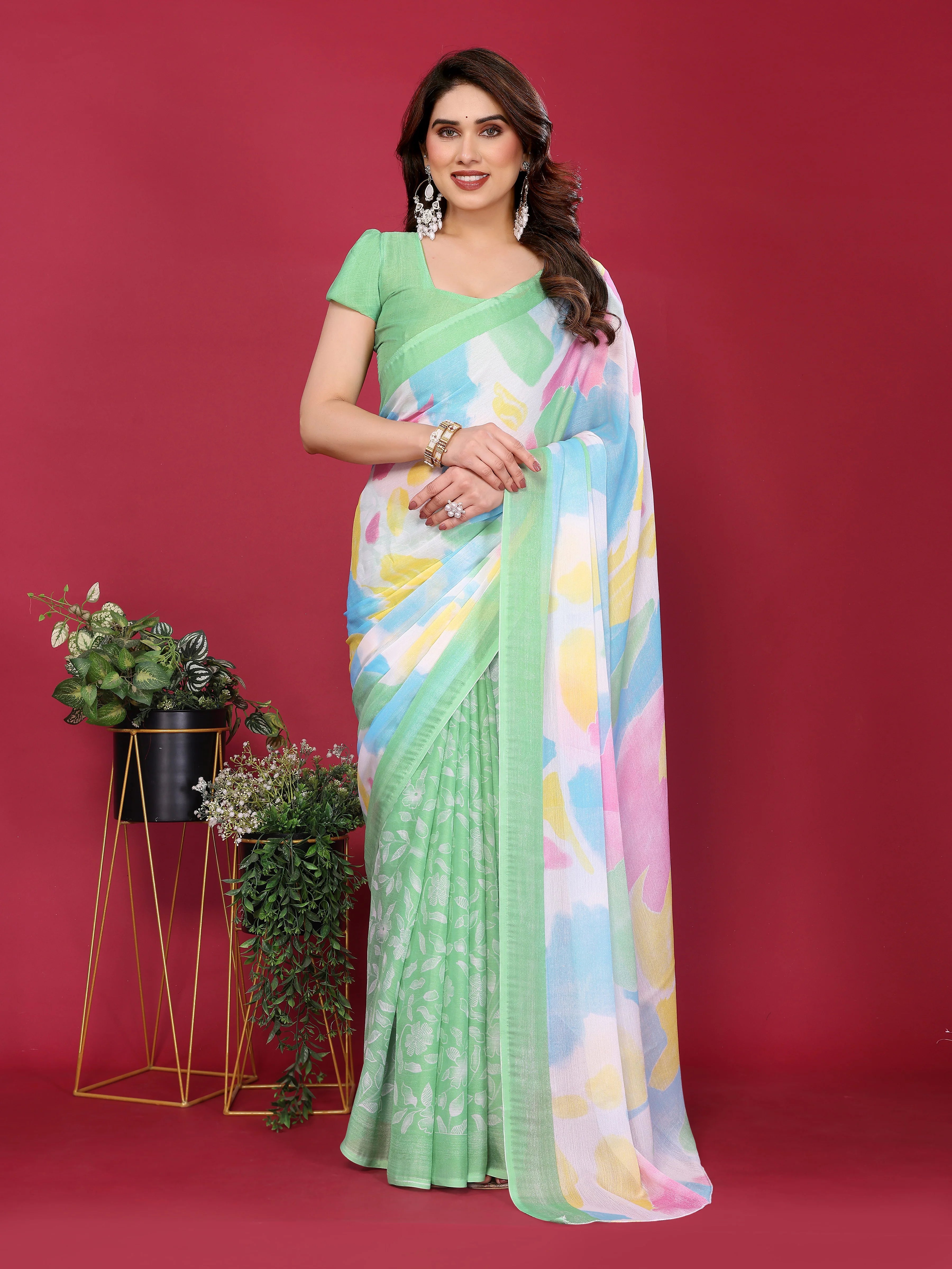 SHYAMIKA Floral Moss Chiffon Printed Saree with Blouse