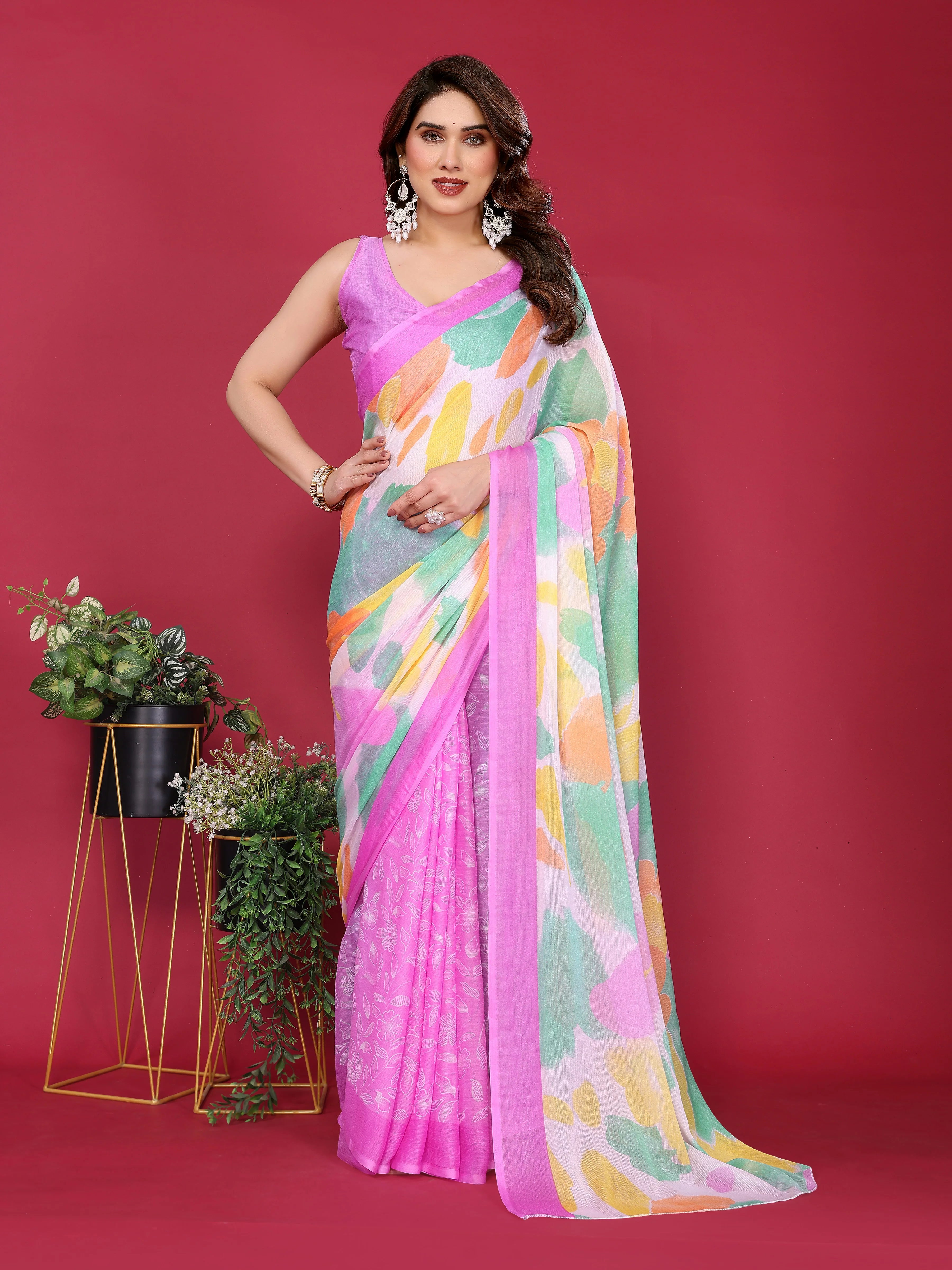 SHYAMIKA Floral Moss Chiffon Printed Saree with Blouse