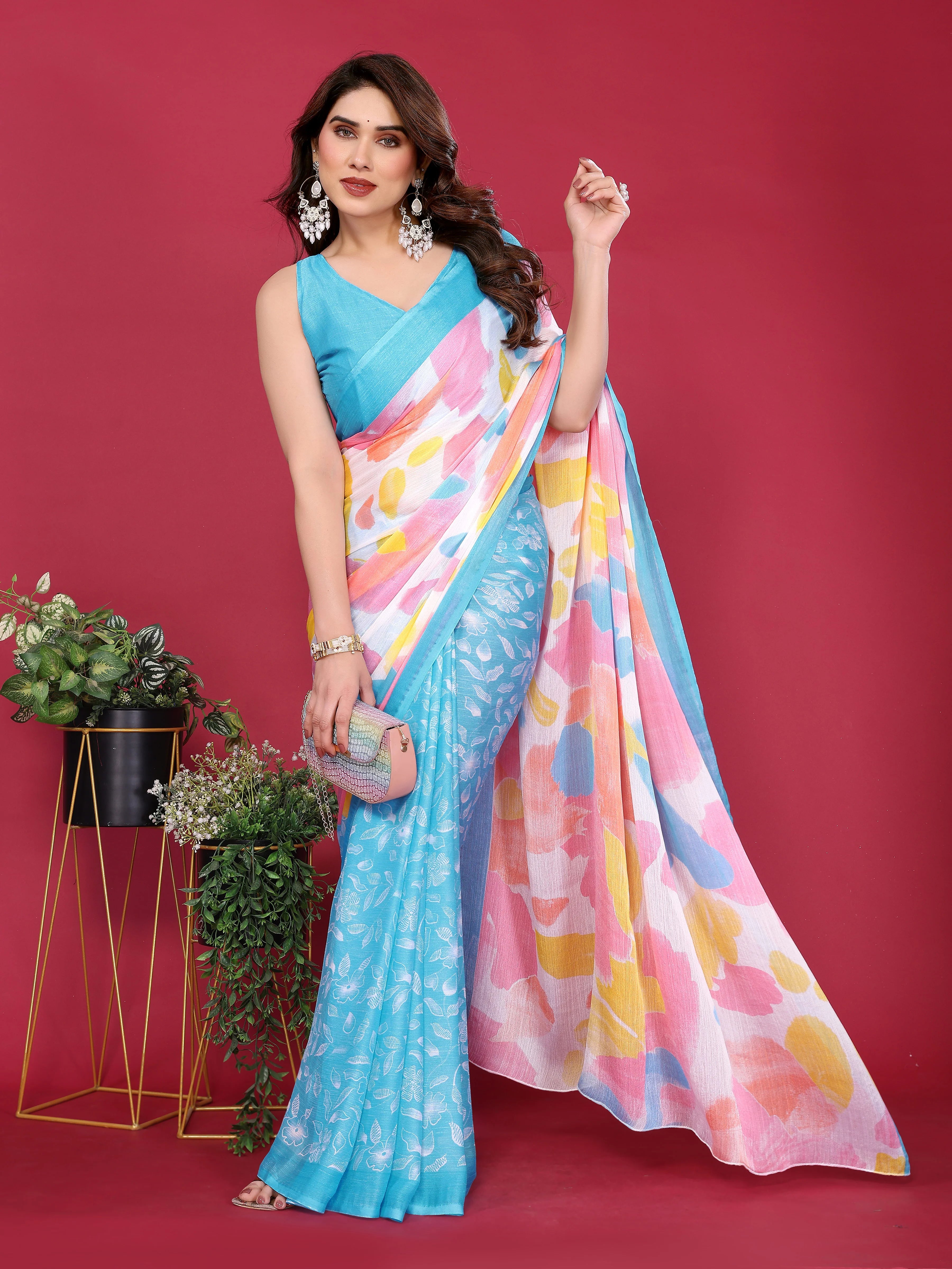SHYAMIKA Floral Moss Chiffon Printed Saree with Blouse