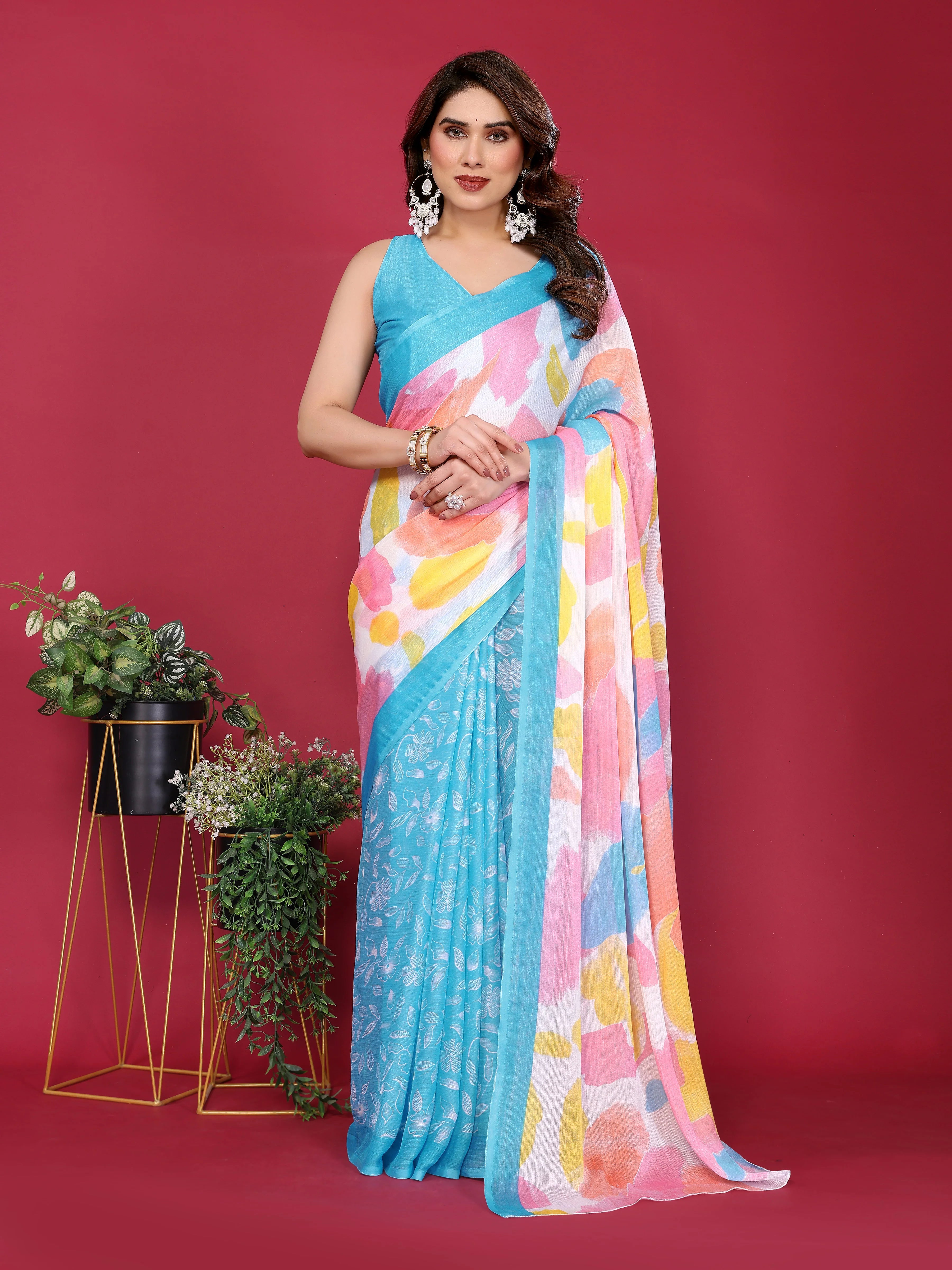 SHYAMIKA Floral Moss Chiffon Printed Saree with Blouse