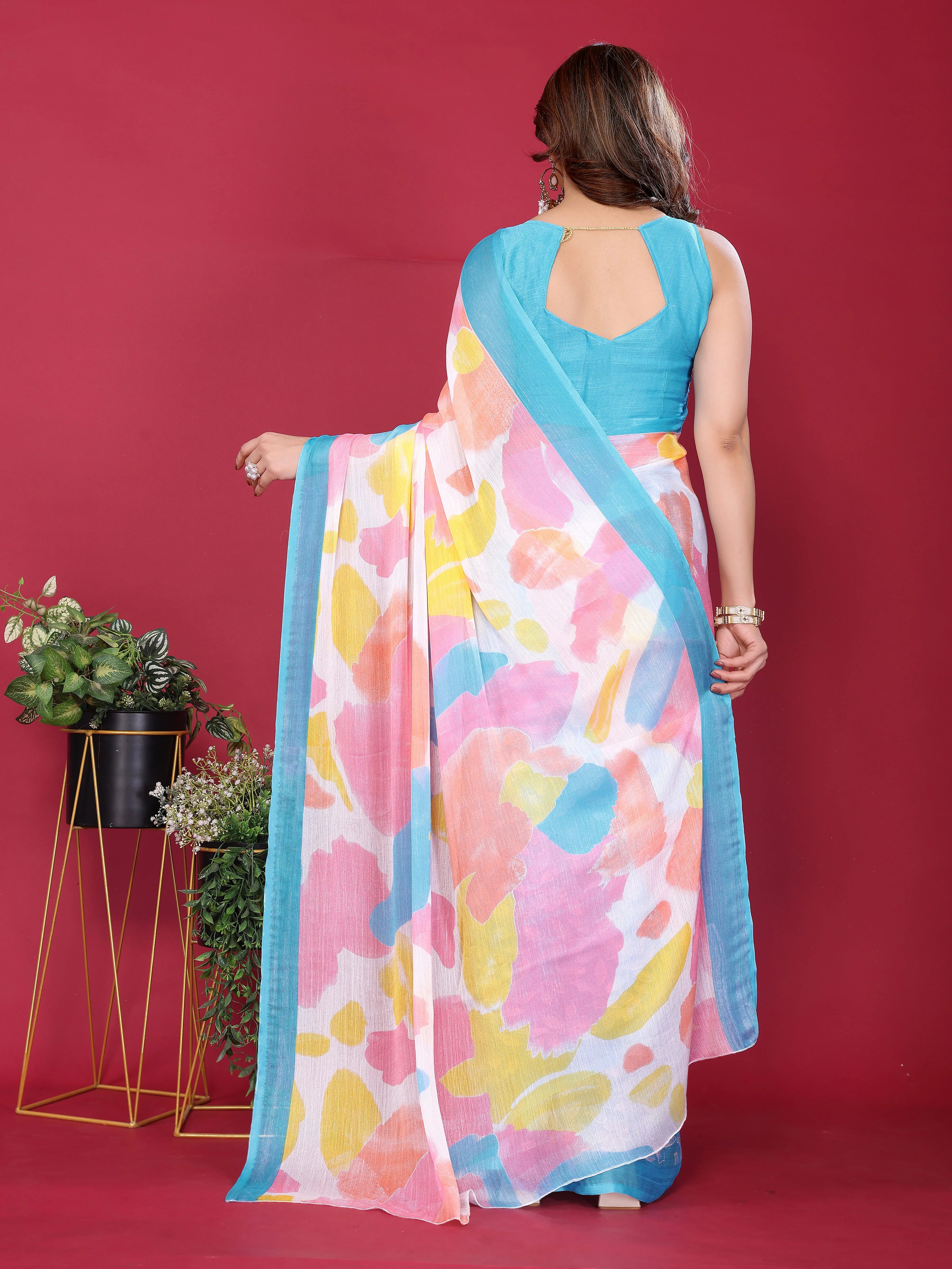 SHYAMIKA Floral Moss Chiffon Printed Saree with Blouse