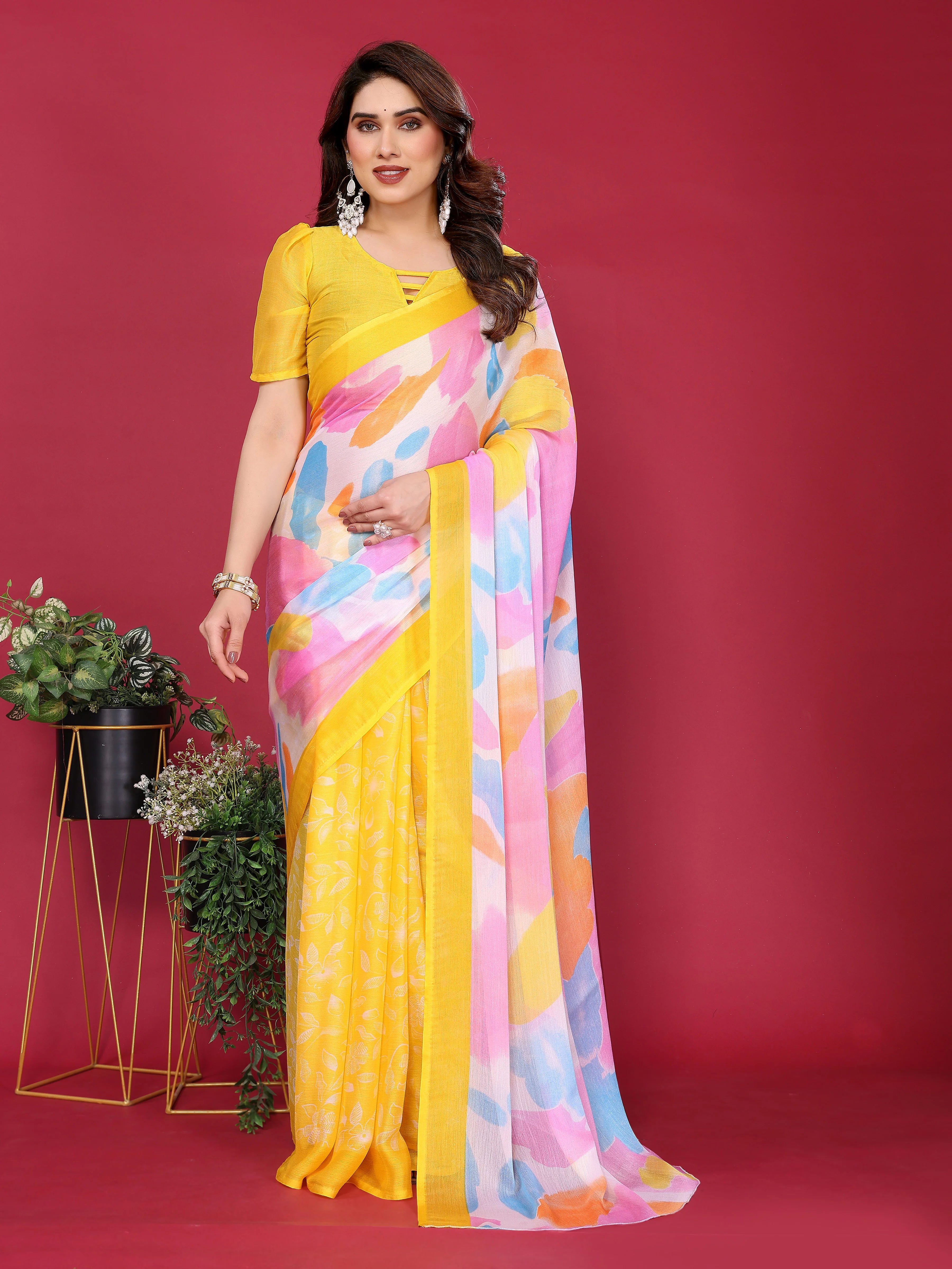 SHYAMIKA Floral Moss Chiffon Printed Saree with Blouse