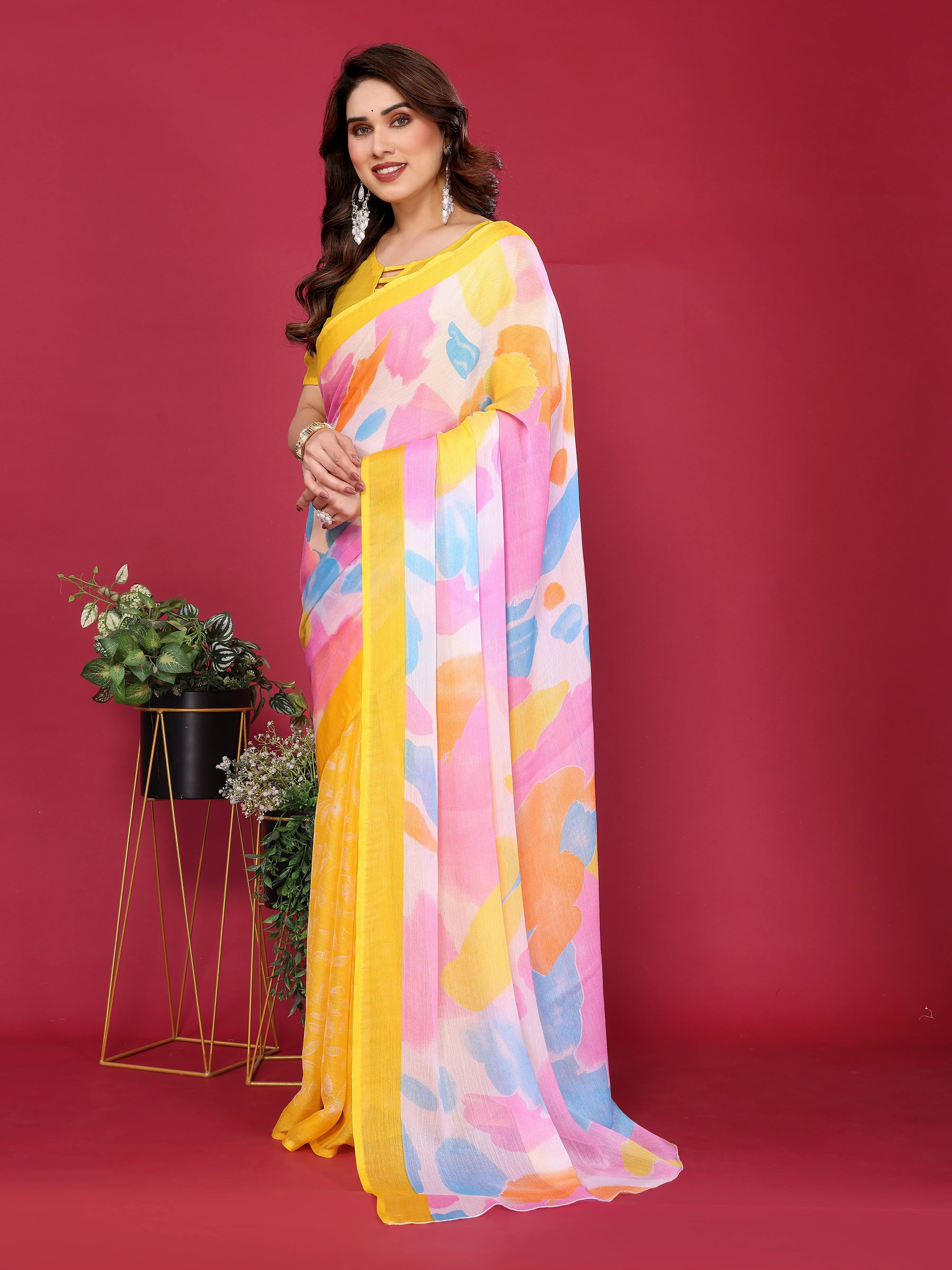 SHYAMIKA Floral Moss Chiffon Printed Saree with Blouse