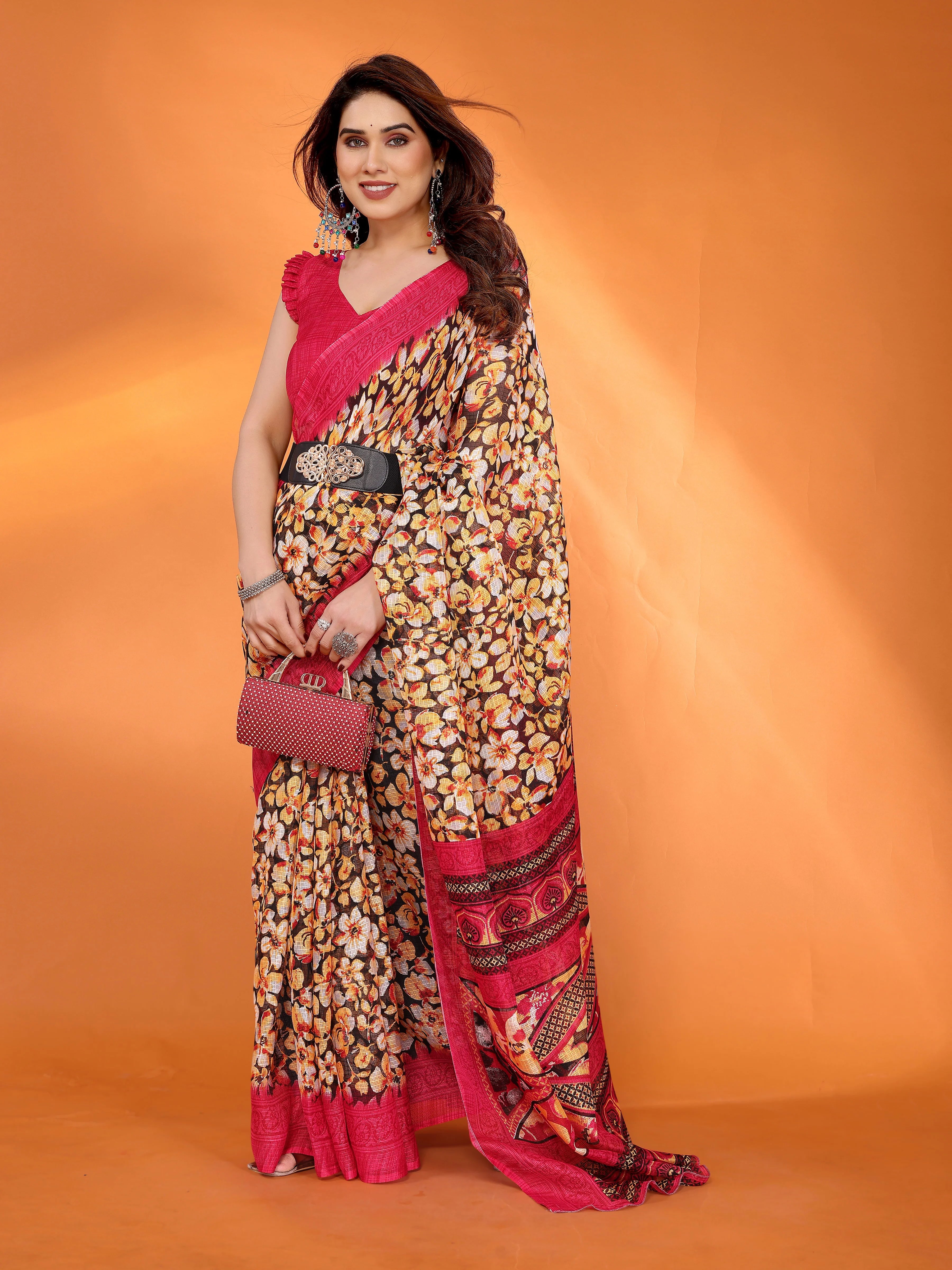SHYAMIKA Floral Kota Doriya Printed Saree with Blouse