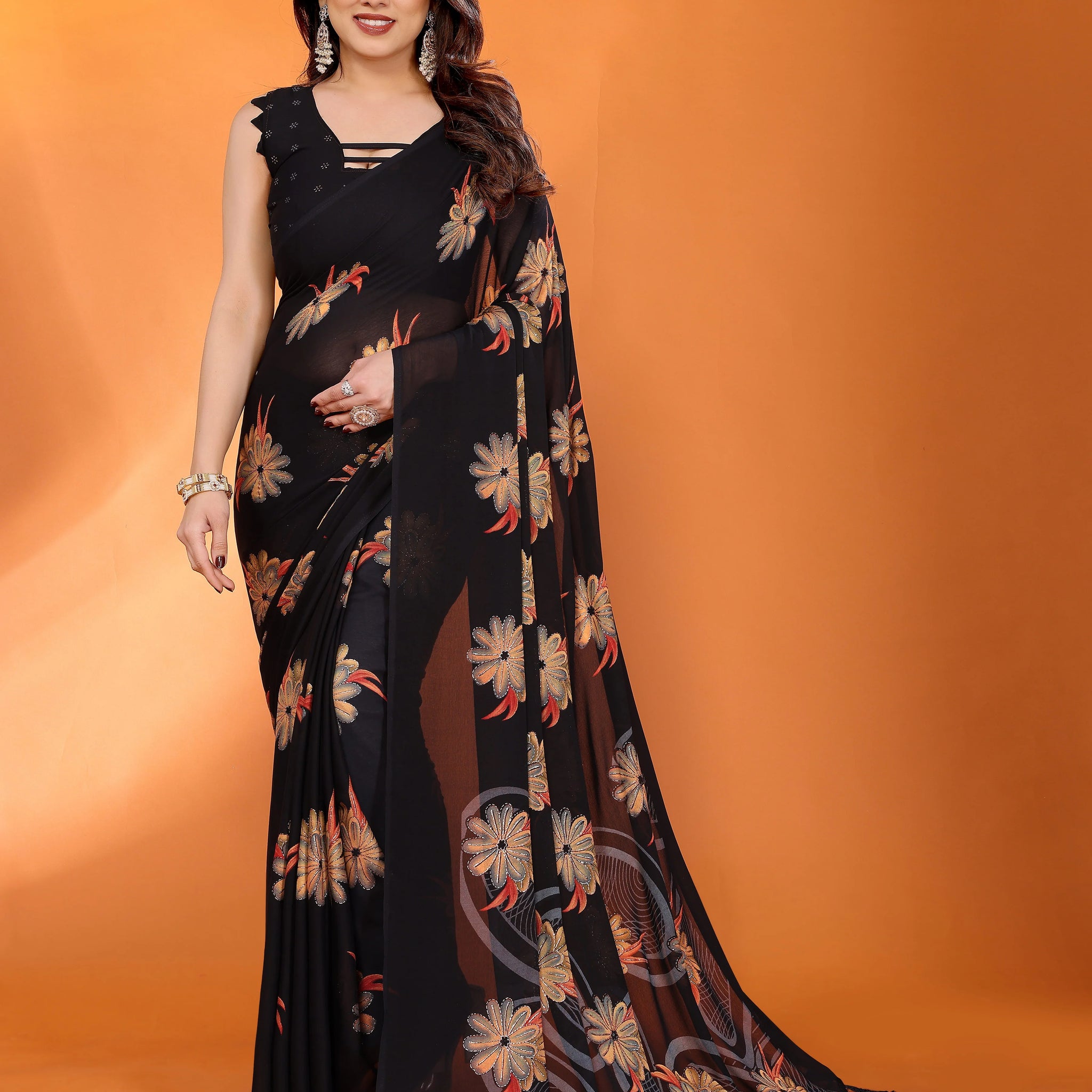 SHYAMIKA Floral Moss Satin Patta Printed Saree with Zari & Blouse