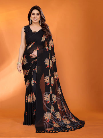 SHYAMIKA Floral Moss Satin Patta Printed Saree with Zari & Blouse