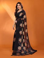 SHYAMIKA Floral Moss Satin Patta Printed Saree with Zari & Blouse