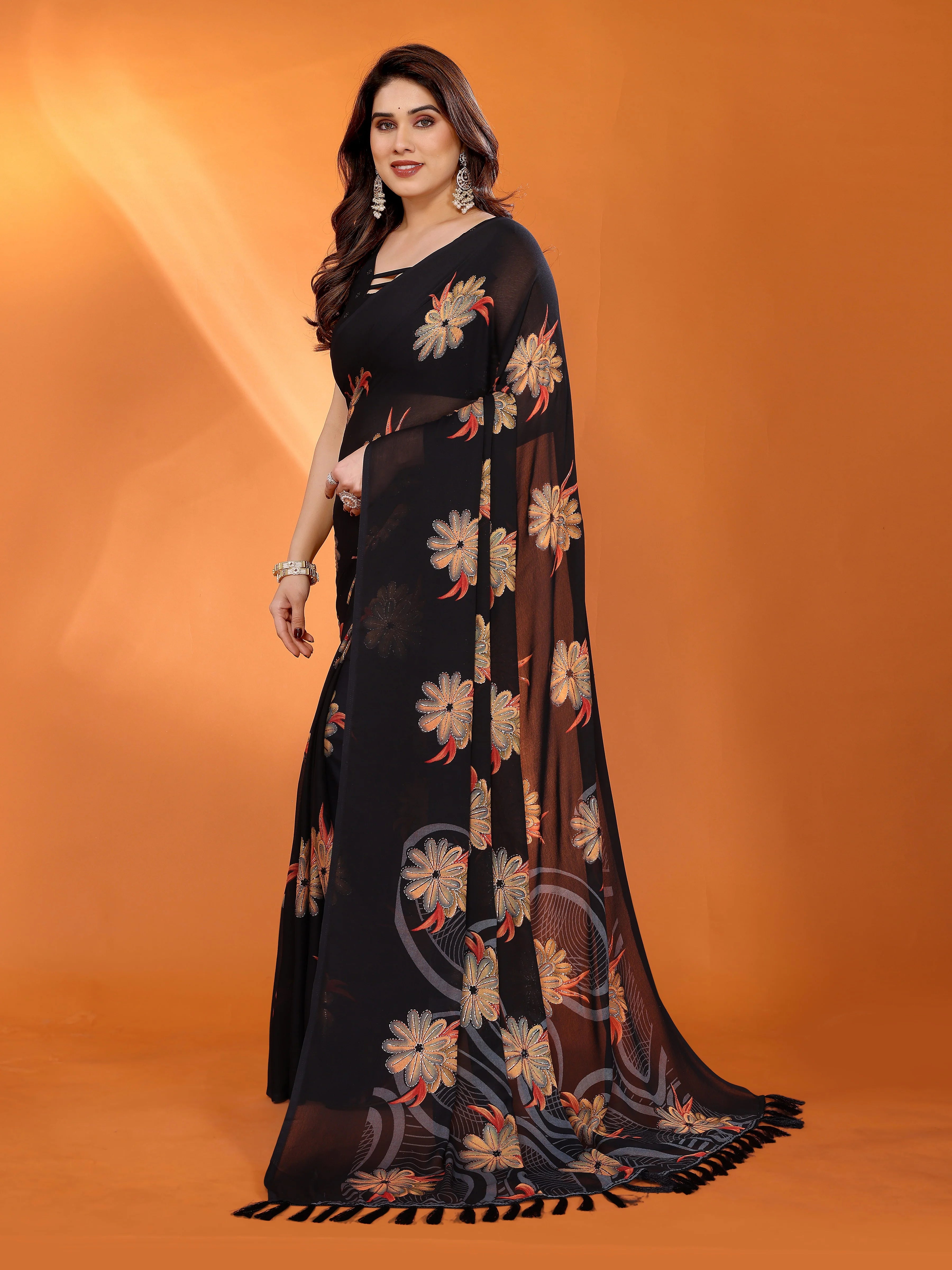 SHYAMIKA Floral Moss Satin Patta Printed Saree with Zari & Blouse