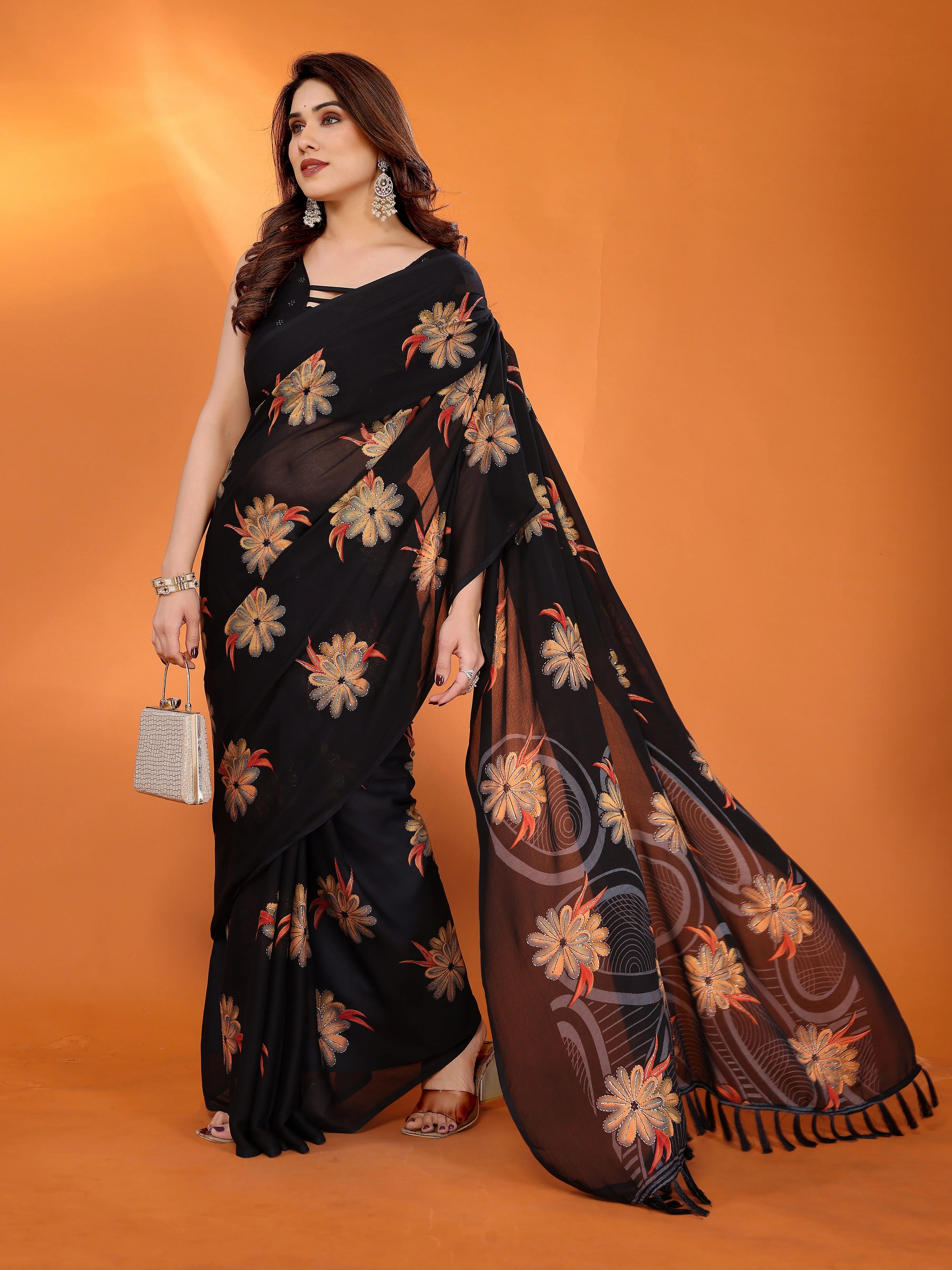 SHYAMIKA Floral Moss Satin Patta Printed Saree with Zari & Blouse