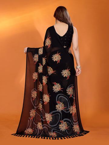 SHYAMIKA Floral Moss Satin Patta Printed Saree with Zari & Blouse