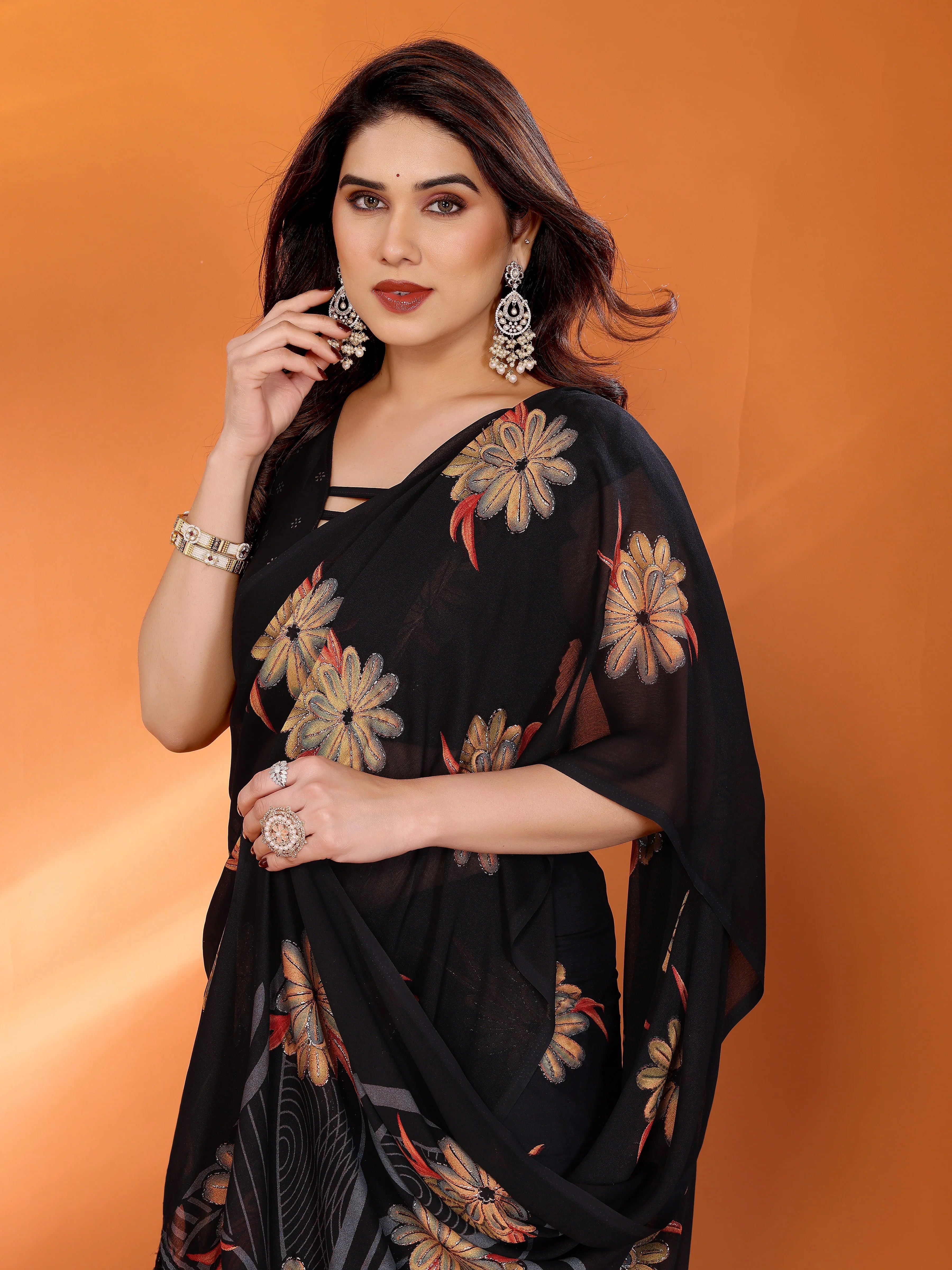SHYAMIKA Floral Moss Satin Patta Printed Saree with Zari & Blouse