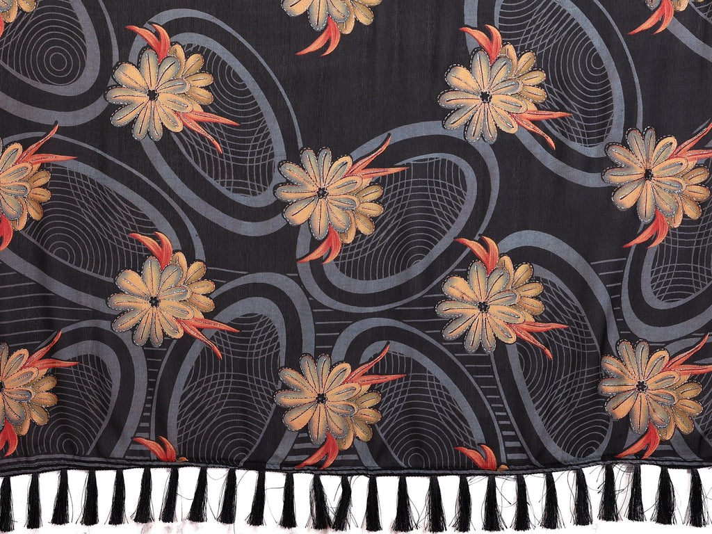 SHYAMIKA Floral Moss Satin Patta Printed Saree with Zari & Blouse