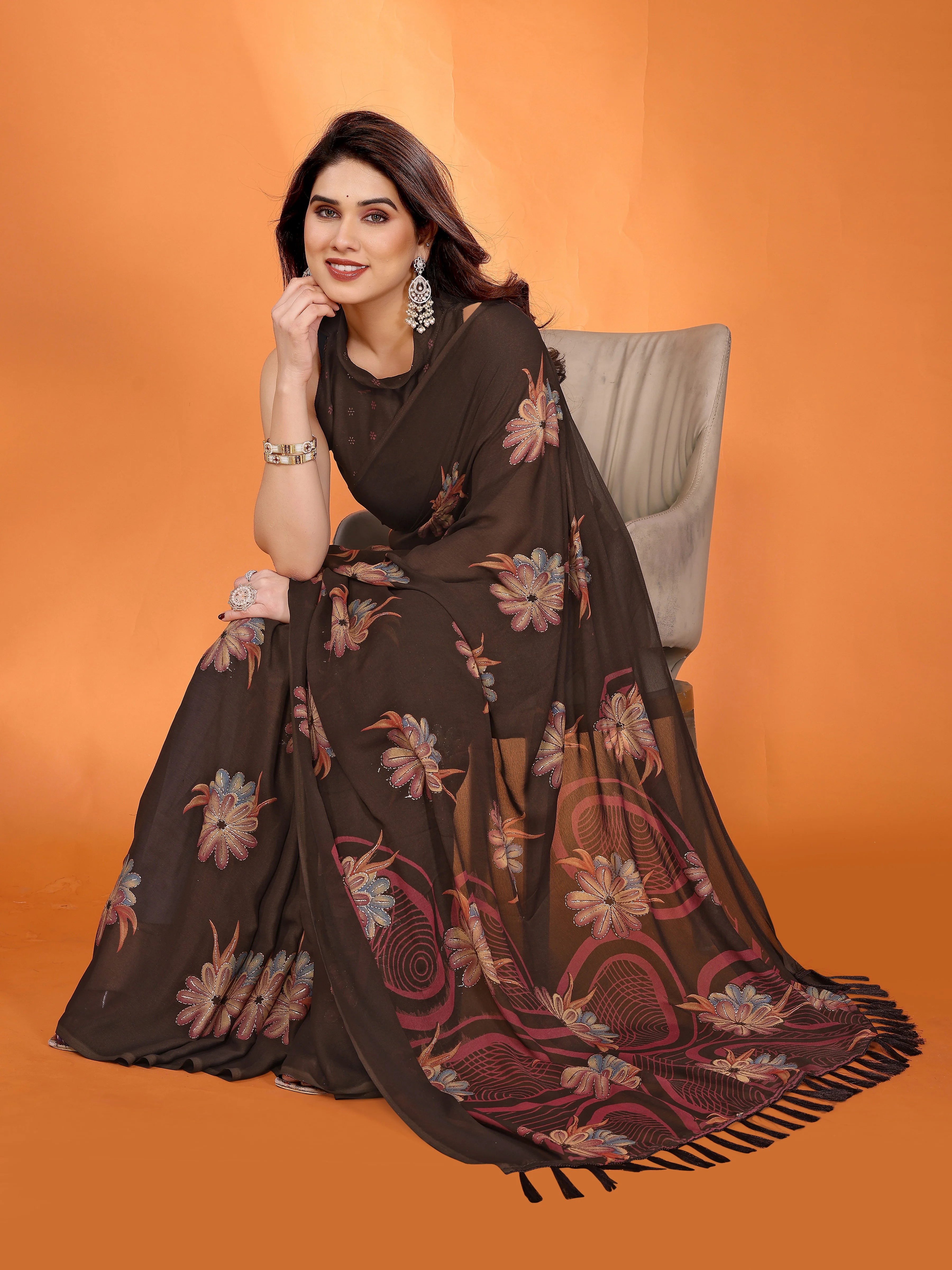 SHYAMIKA Floral Moss Satin Patta Printed Saree with Zari & Blouse