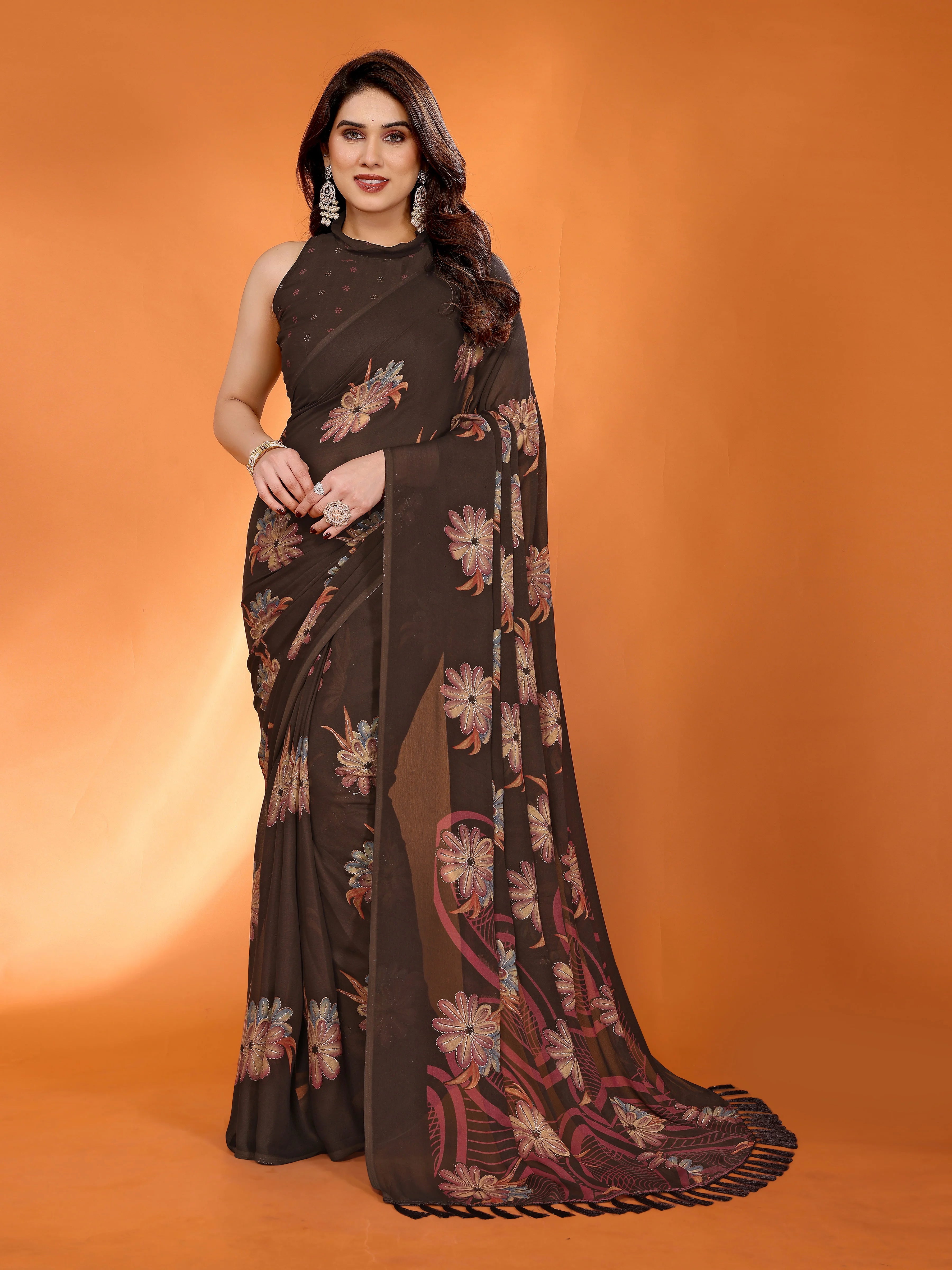 SHYAMIKA Floral Moss Satin Patta Printed Saree with Zari & Blouse