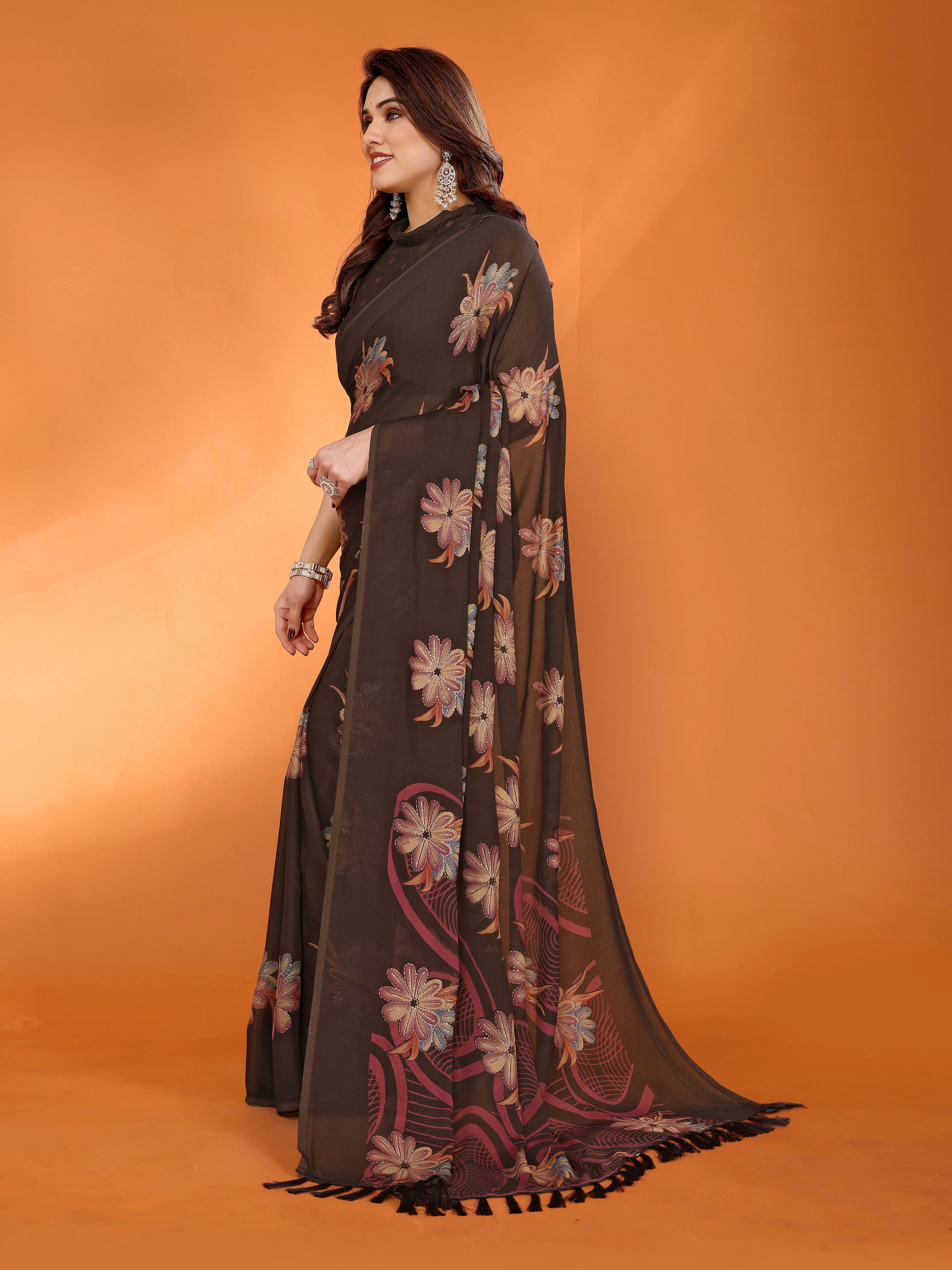 SHYAMIKA Floral Moss Satin Patta Printed Saree with Zari & Blouse