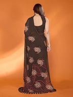 SHYAMIKA Floral Moss Satin Patta Printed Saree with Zari & Blouse