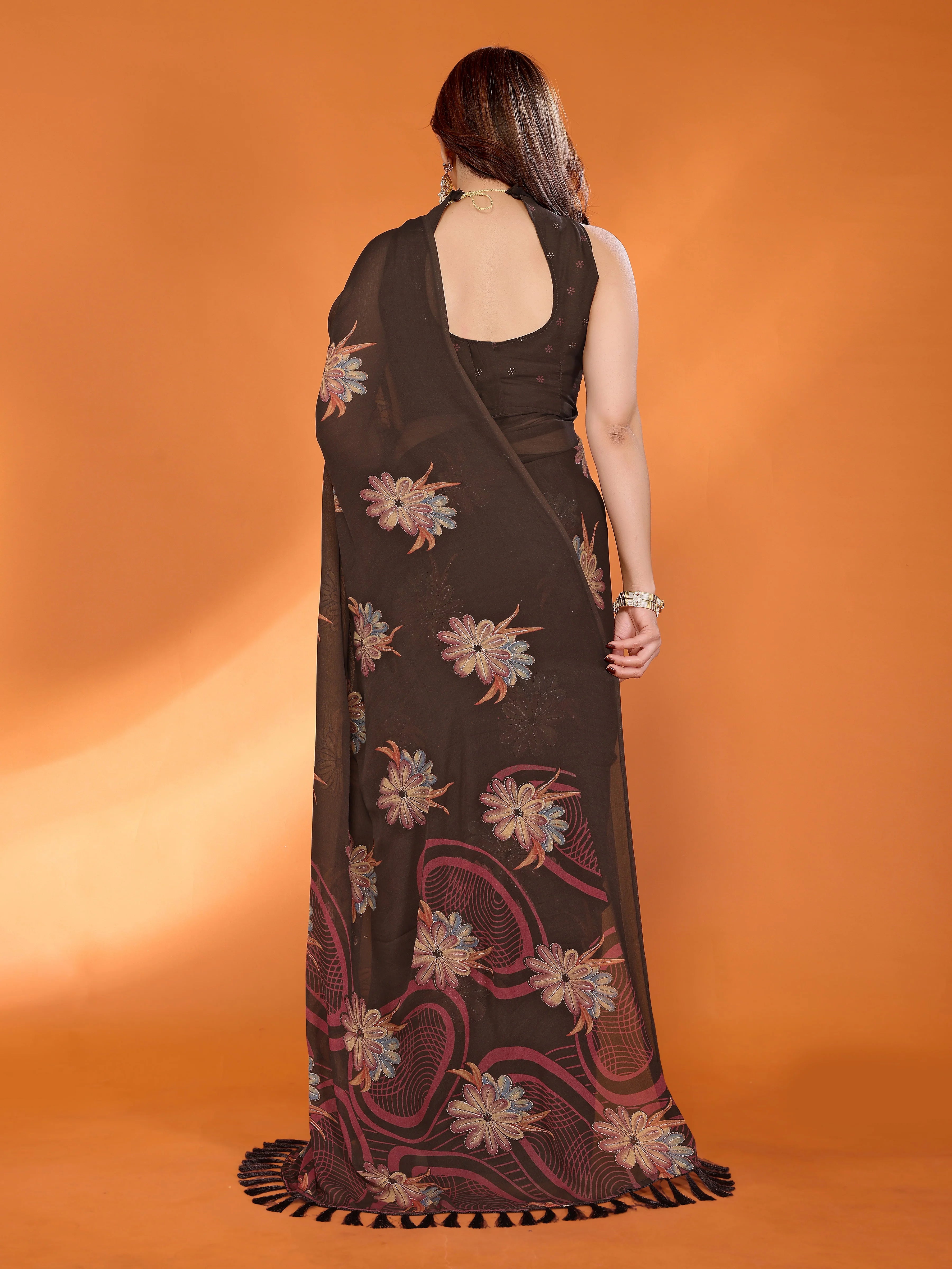 SHYAMIKA Floral Moss Satin Patta Printed Saree with Zari & Blouse