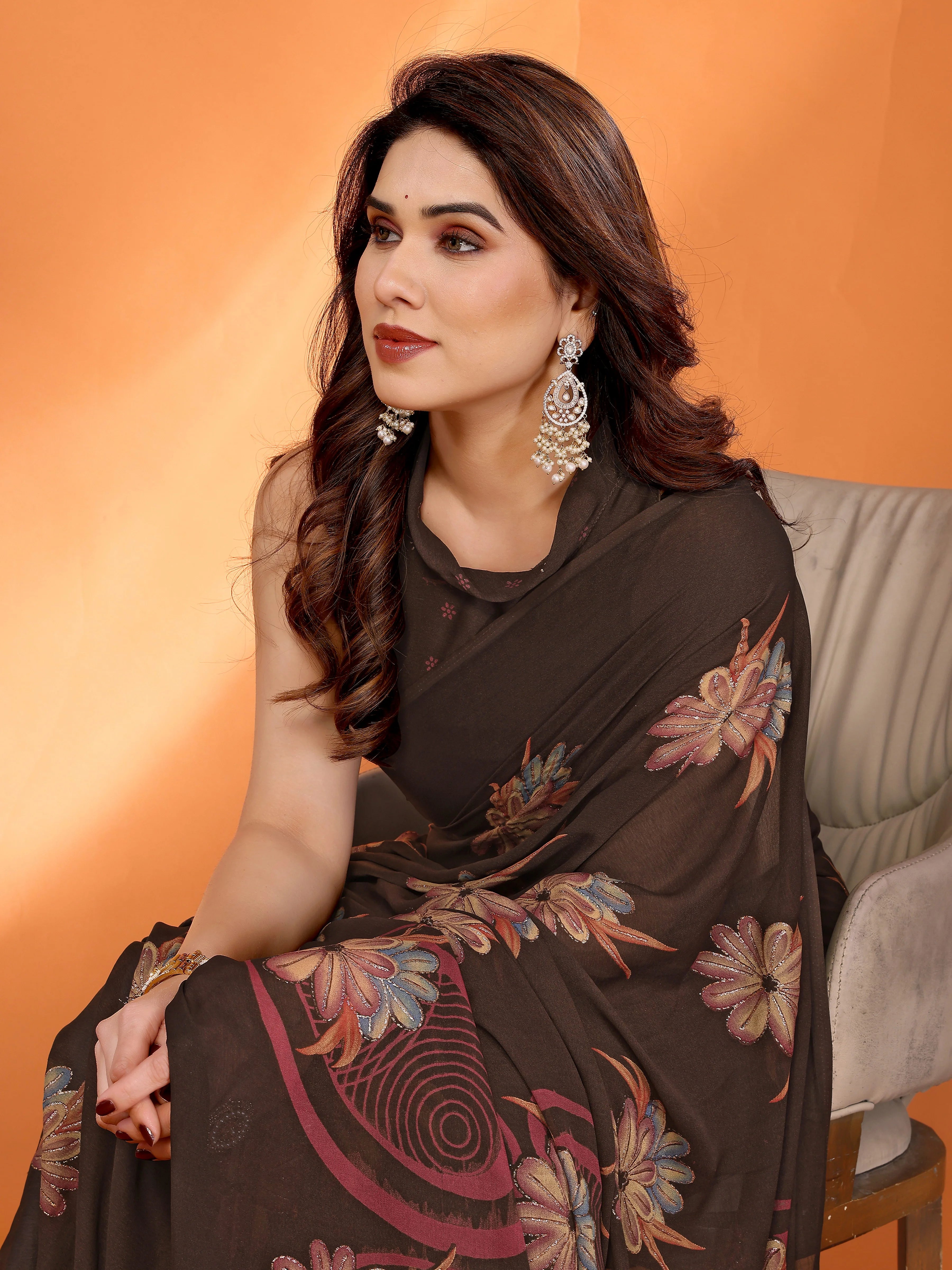 SHYAMIKA Floral Moss Satin Patta Printed Saree with Zari & Blouse