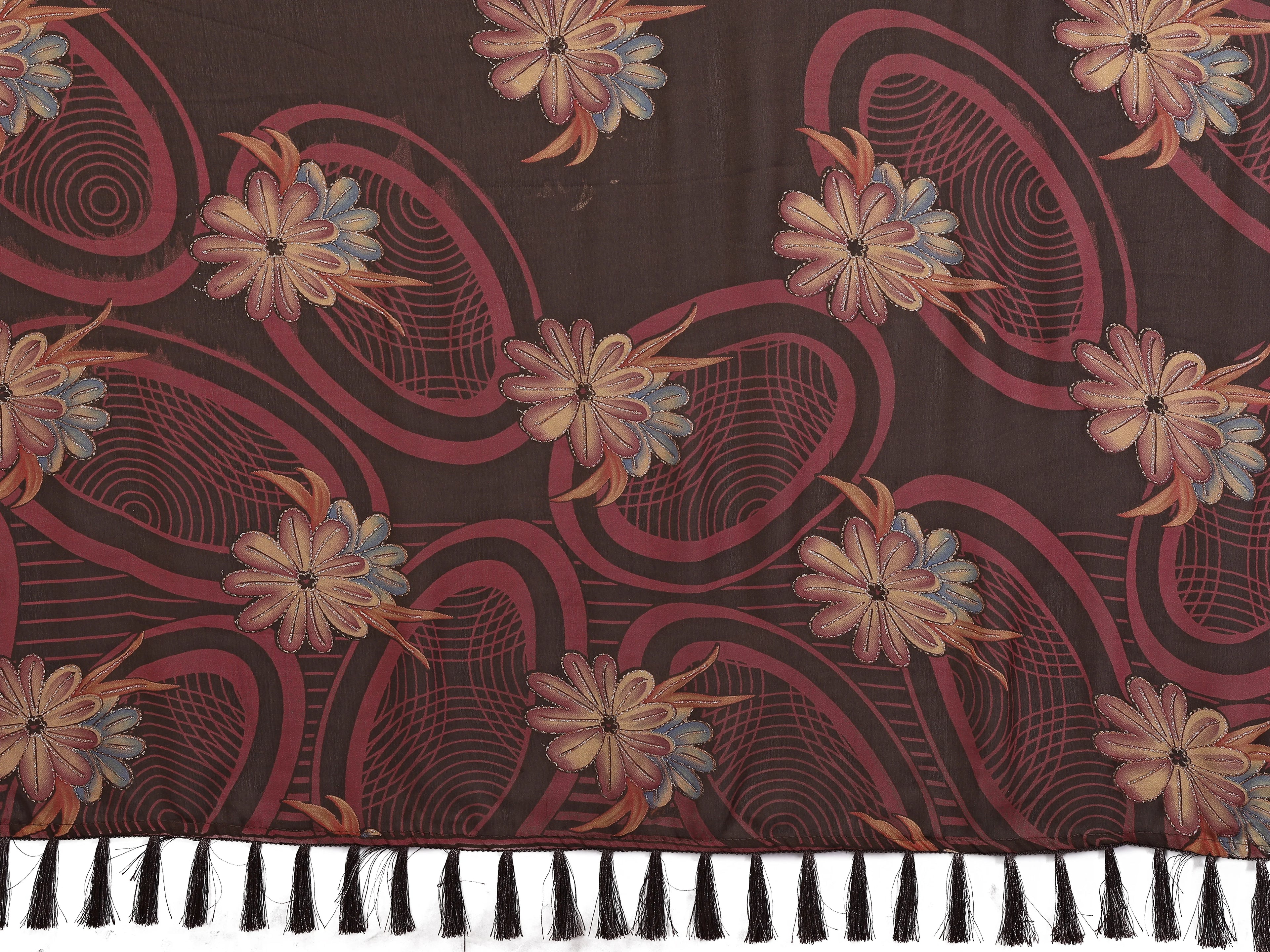 SHYAMIKA Floral Moss Satin Patta Printed Saree with Zari & Blouse