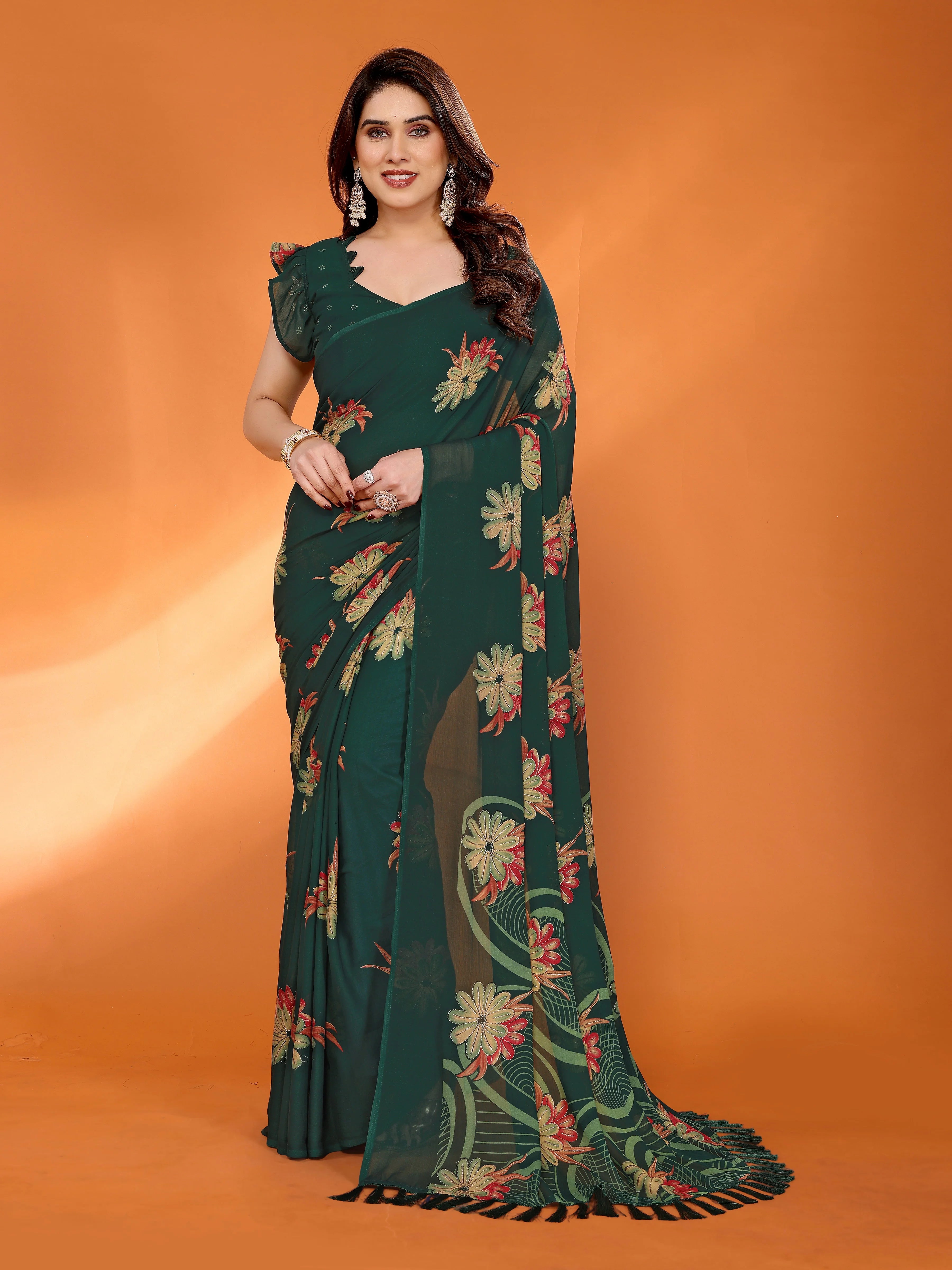 SHYAMIKA Floral Moss Satin Patta Printed Saree with Zari & Blouse