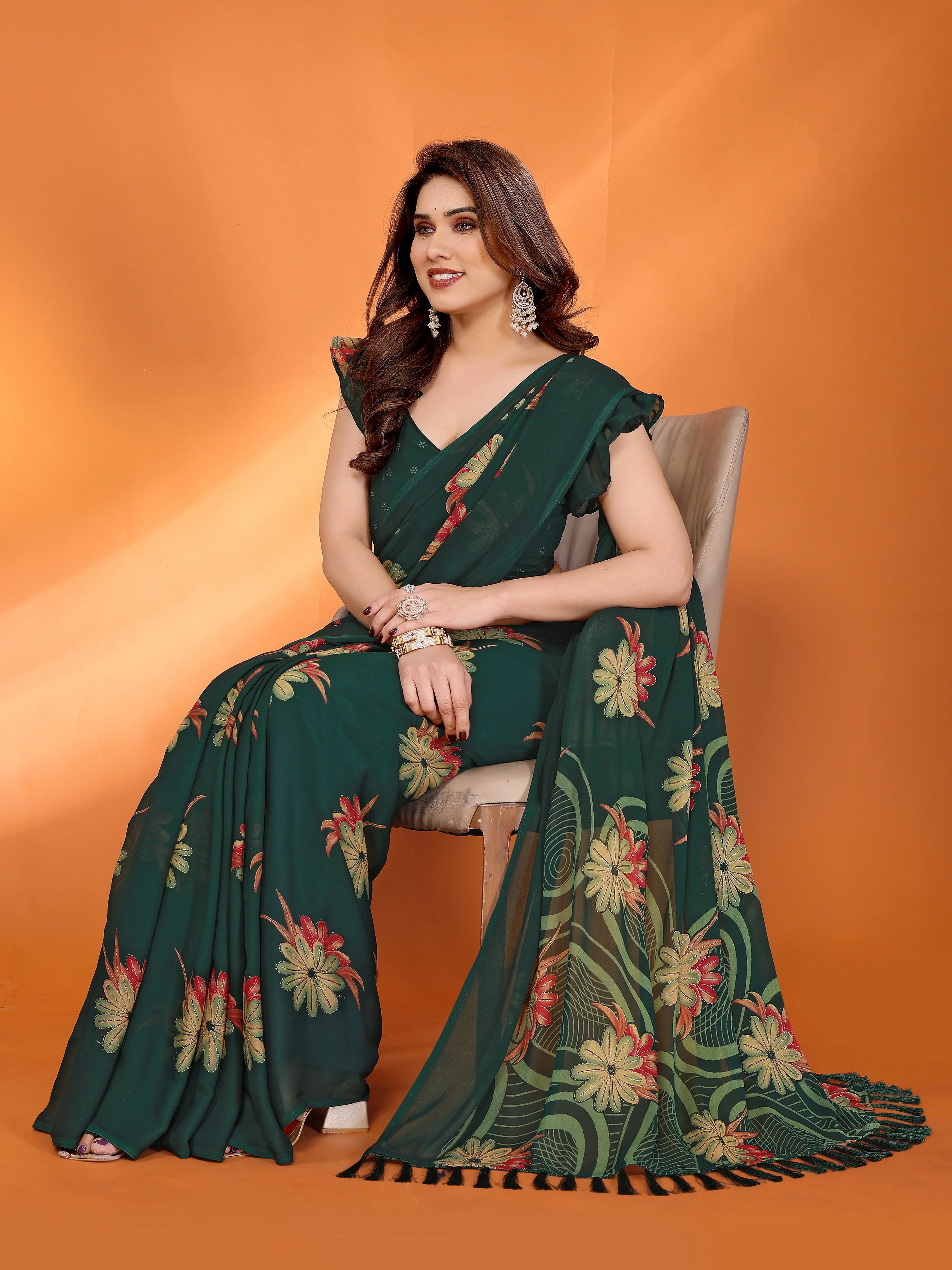 SHYAMIKA Floral Moss Satin Patta Printed Saree with Zari & Blouse