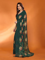 SHYAMIKA Floral Moss Satin Patta Printed Saree with Zari & Blouse