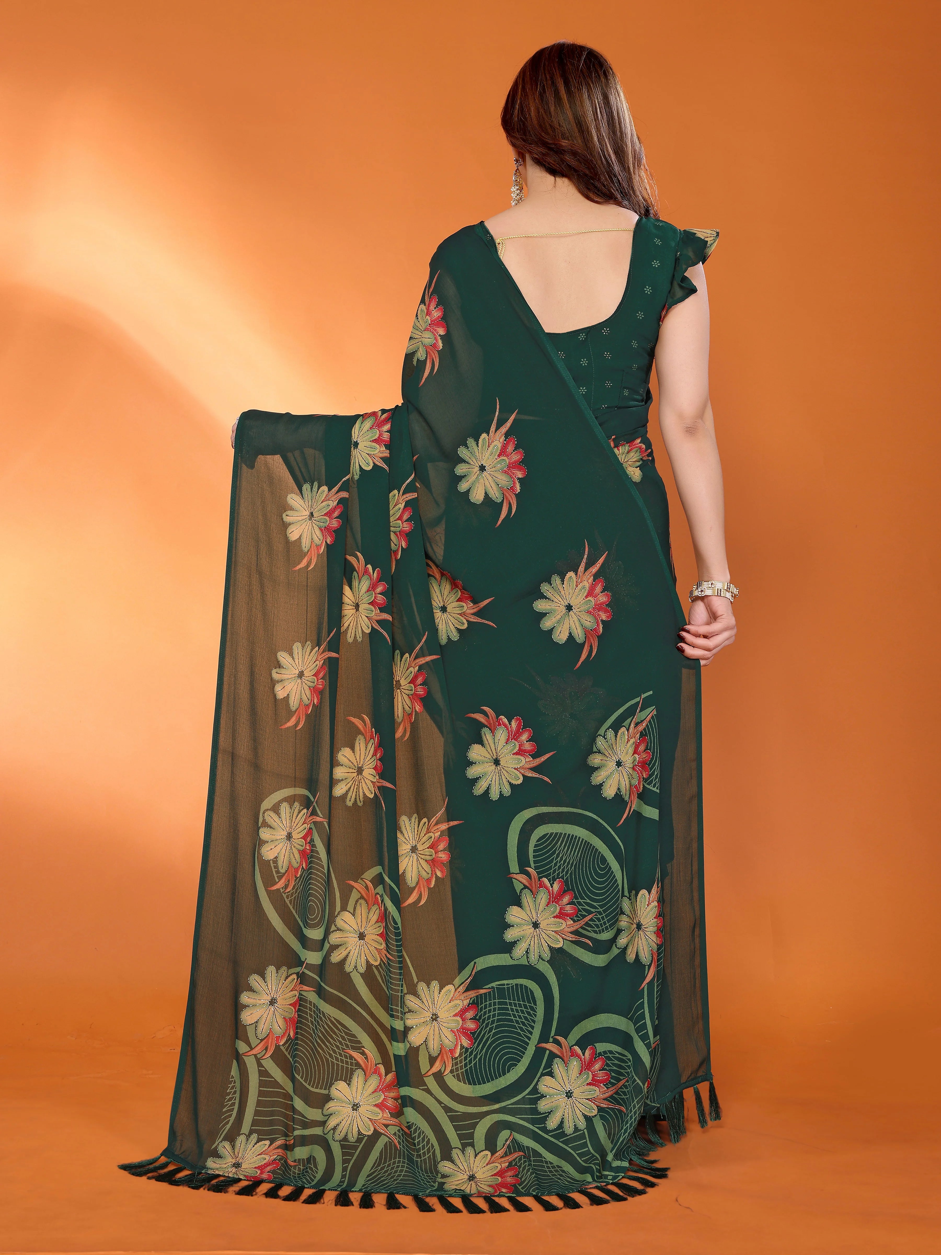 SHYAMIKA Floral Moss Satin Patta Printed Saree with Zari & Blouse