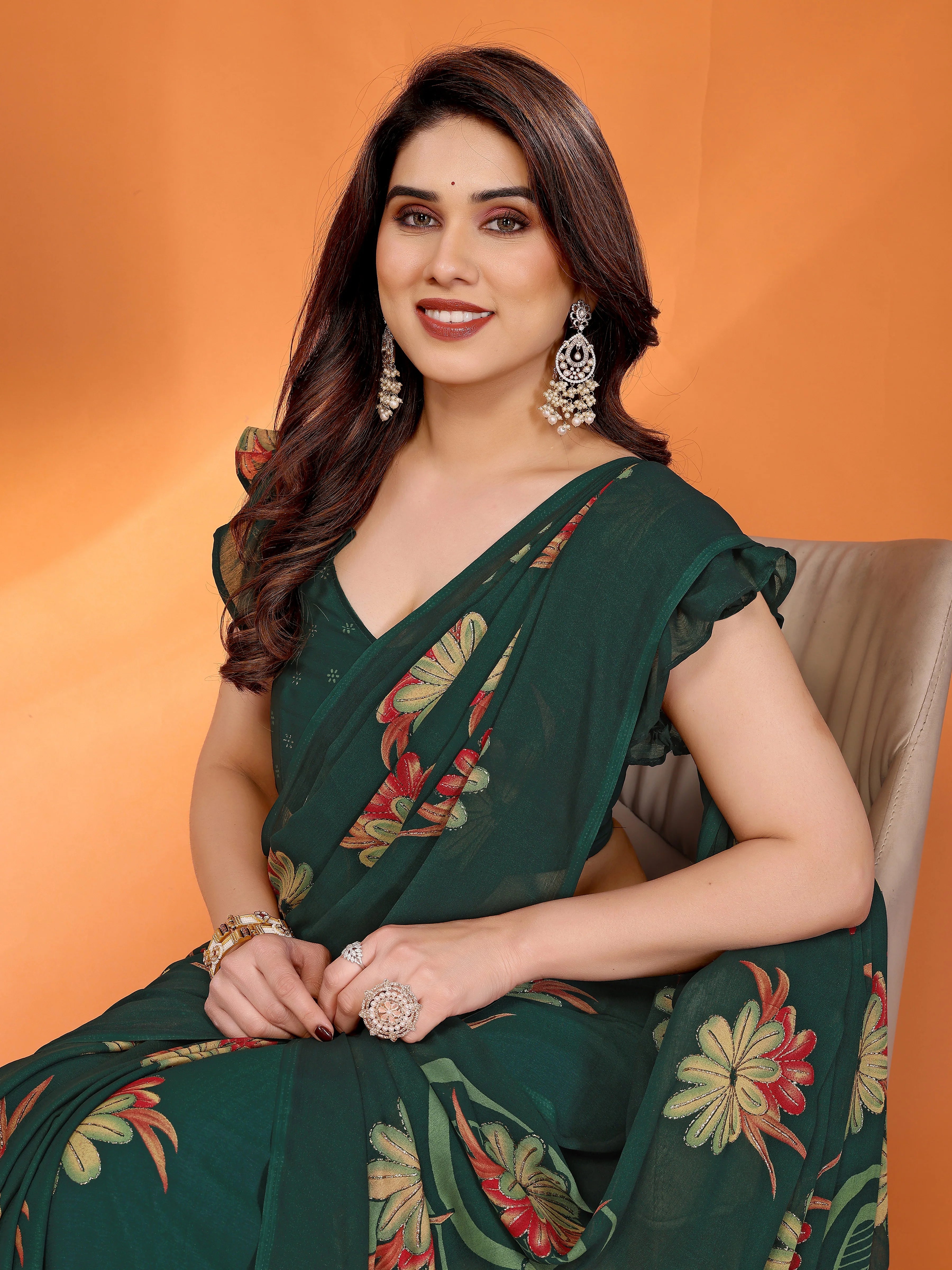 SHYAMIKA Floral Moss Satin Patta Printed Saree with Zari & Blouse