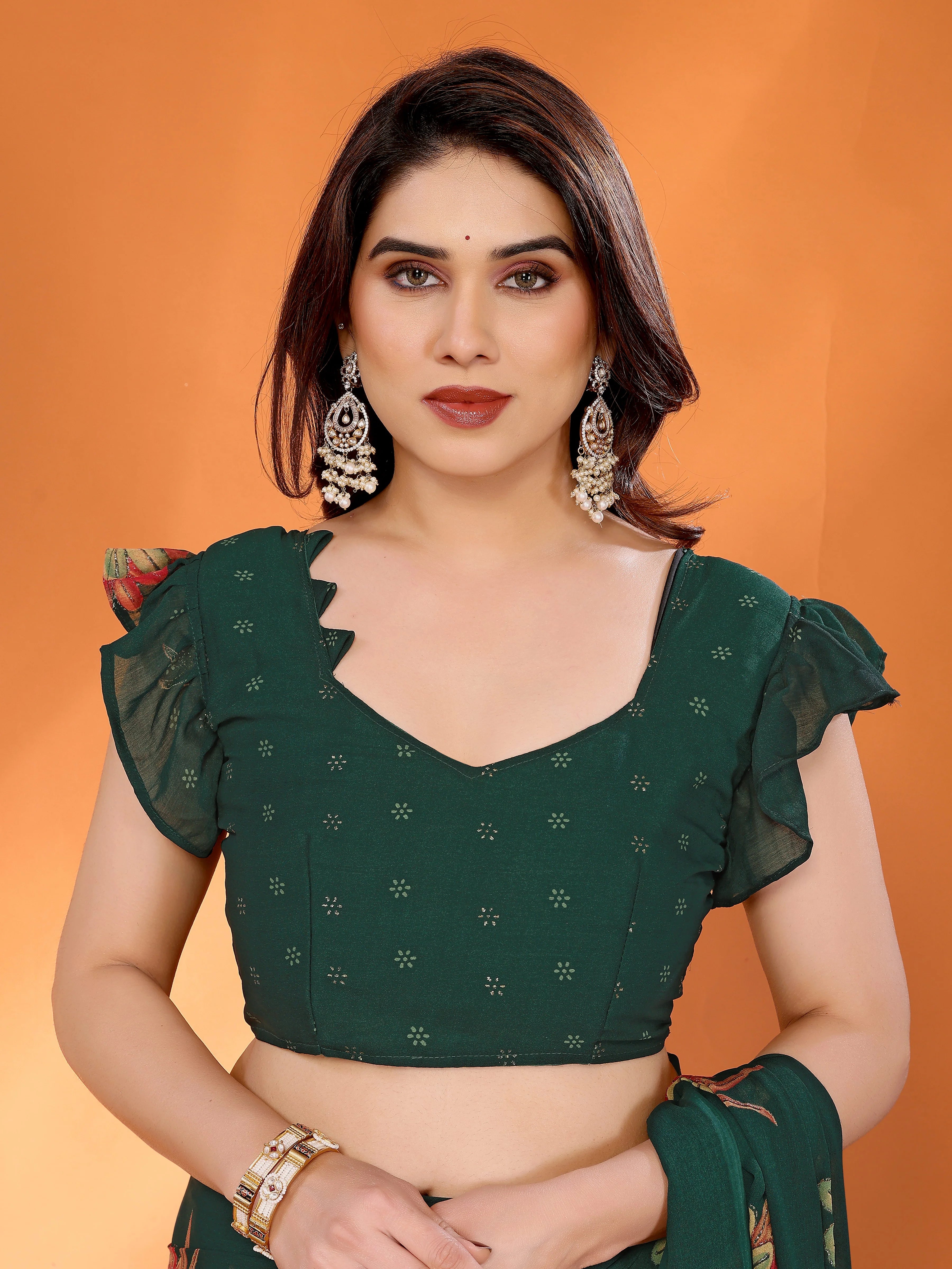 SHYAMIKA Floral Moss Satin Patta Printed Saree with Zari & Blouse