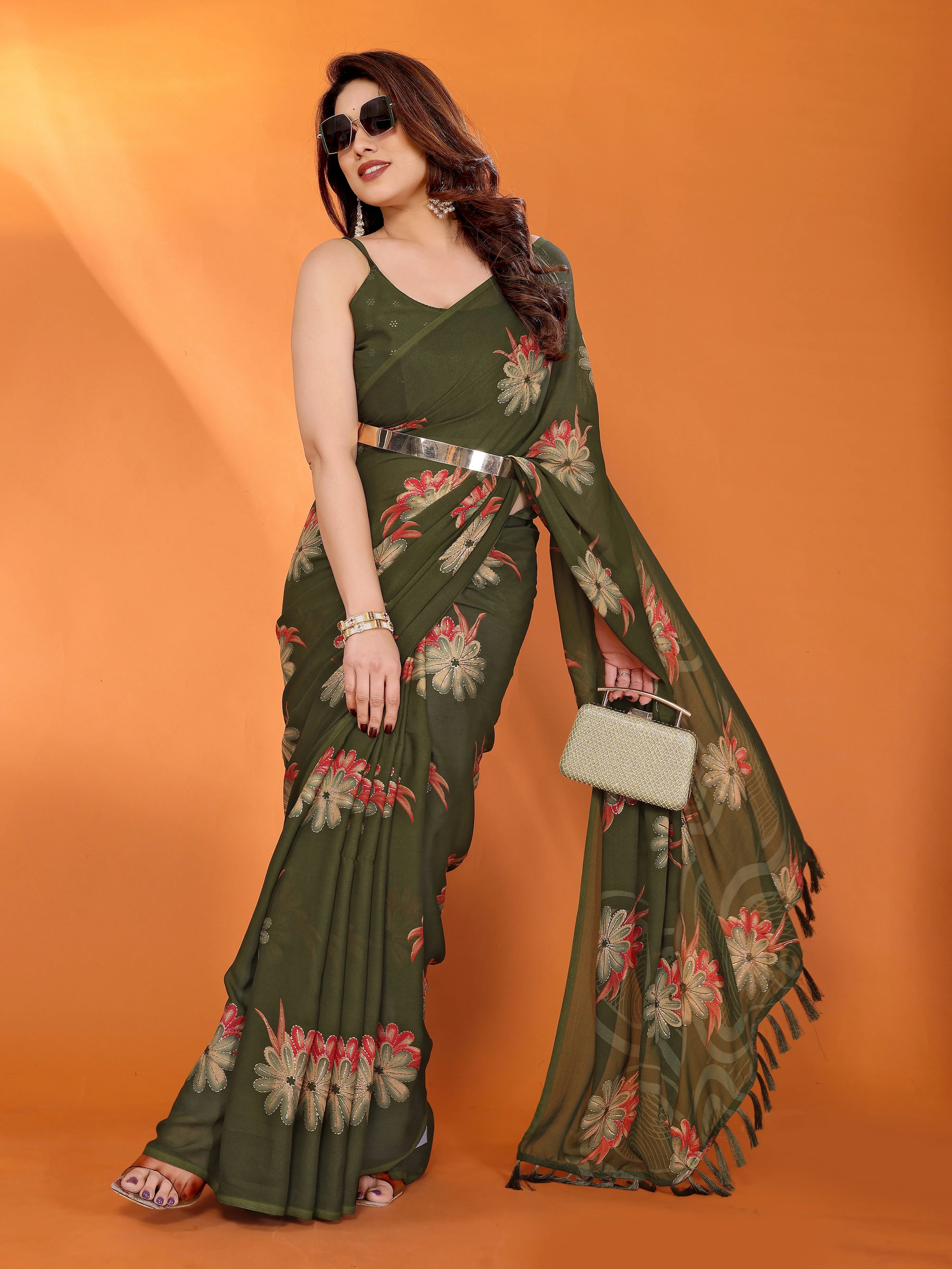 SHYAMIKA Floral Moss Satin Patta Printed Saree with Zari & Blouse